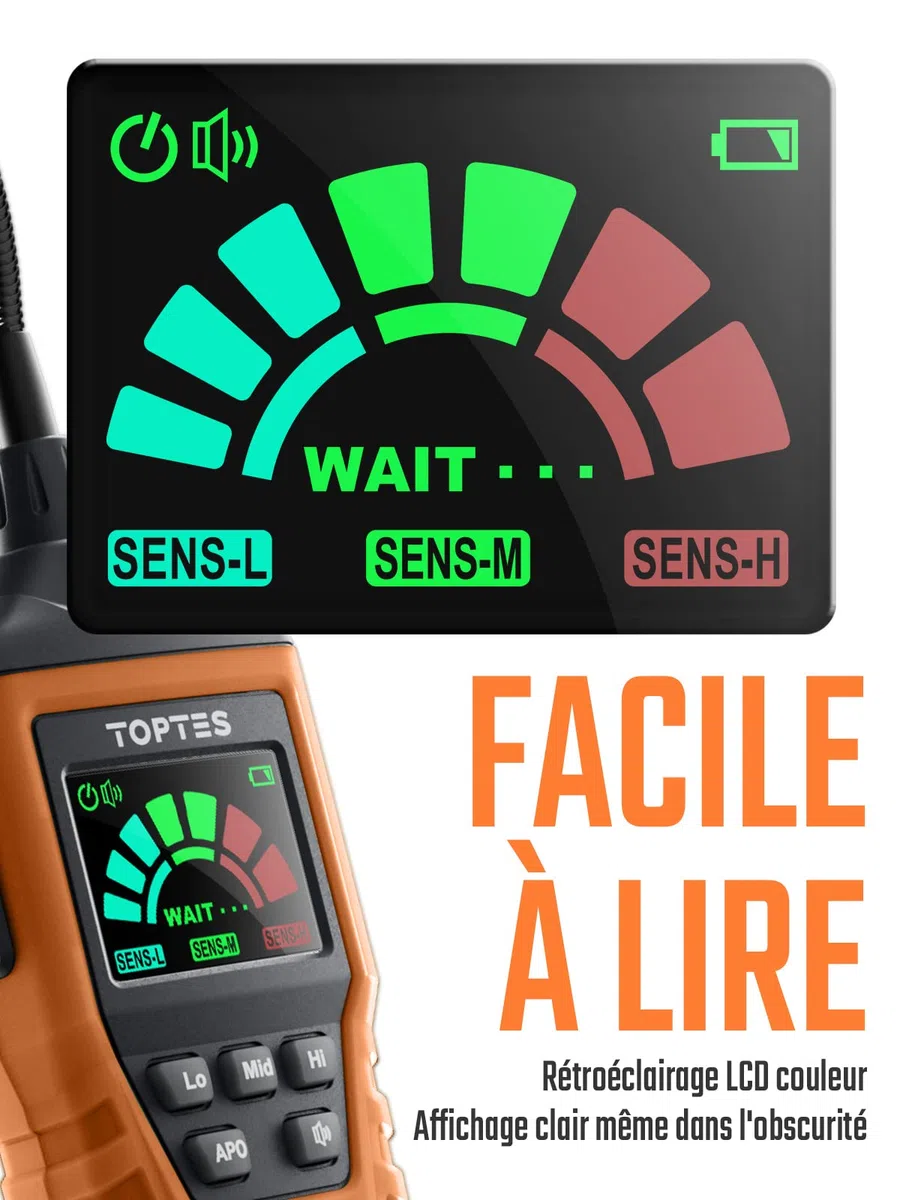 Détecteur de Gaz Naturel, TopTes PT520A Détecteur de Fuites de Gaz avec Une Sonde Flexible de 43,5 cm, pour Les Fuites de Gaz comme Le Propane, Le Gaz Naturel, Le Méthane (3 Piles Incluses) - Orange