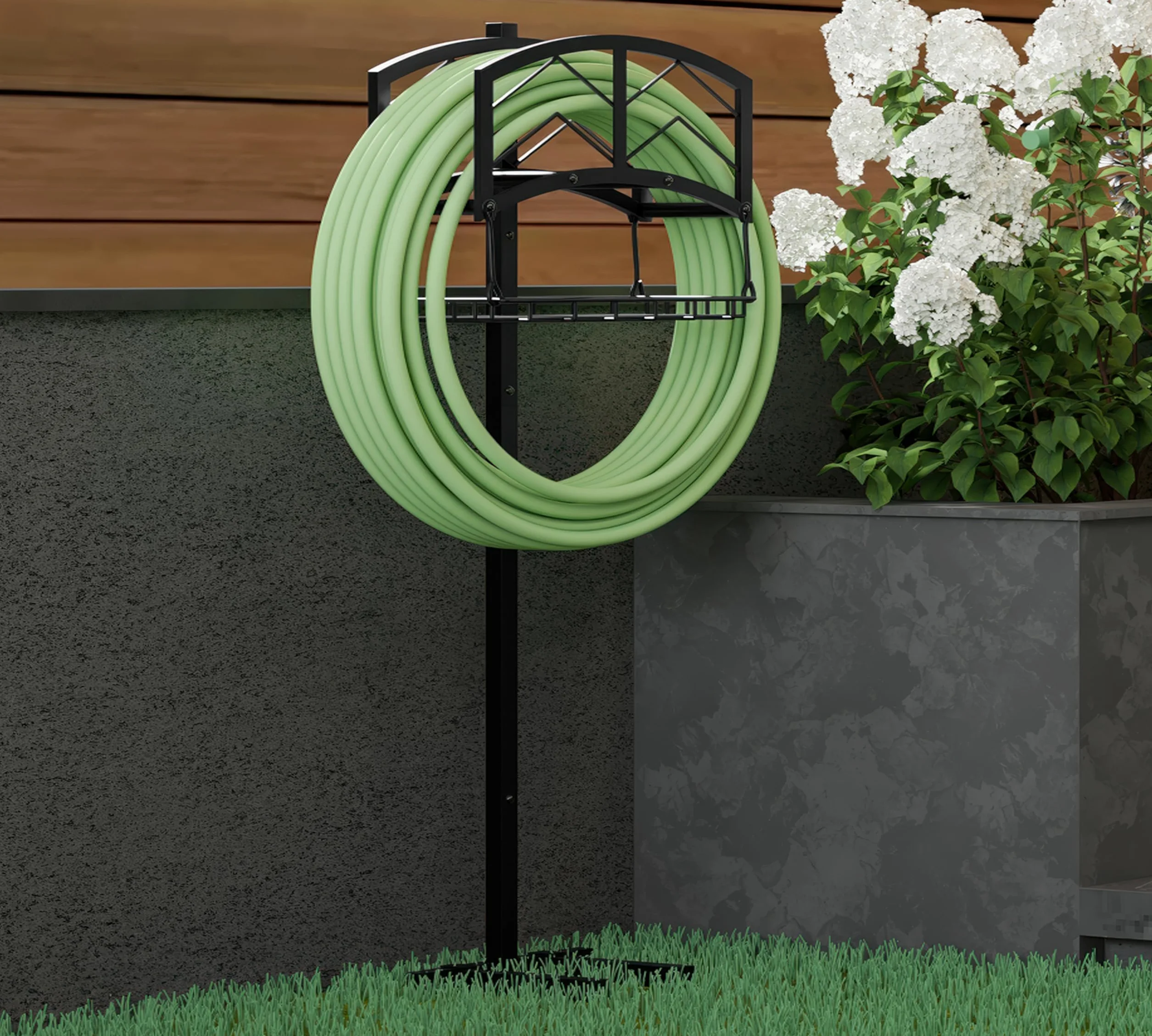 Kingson Support tuyau arrosage portable, panier rangement, acier noir robuste, contient tuyau 45m, design amovible outils