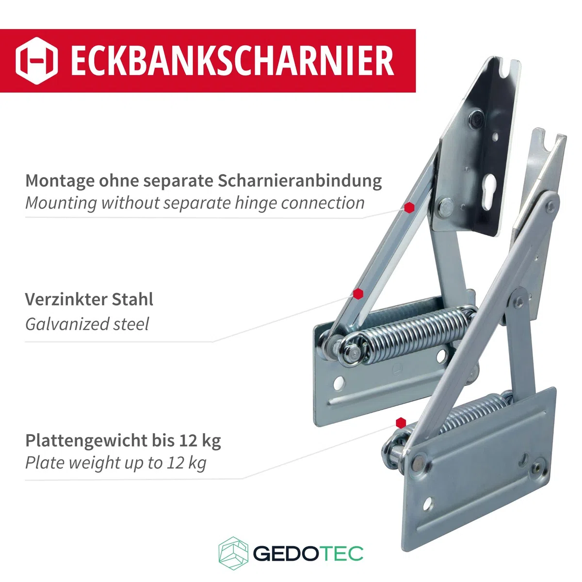 Gedotec Charnière de banc d'angle acier galvanisé | 1 paire (gauche + droite) | Console rabattable pour assises en bois | Ferrure de banc-coffre à ressort | Poids de plateau jusqu'à 12 kg