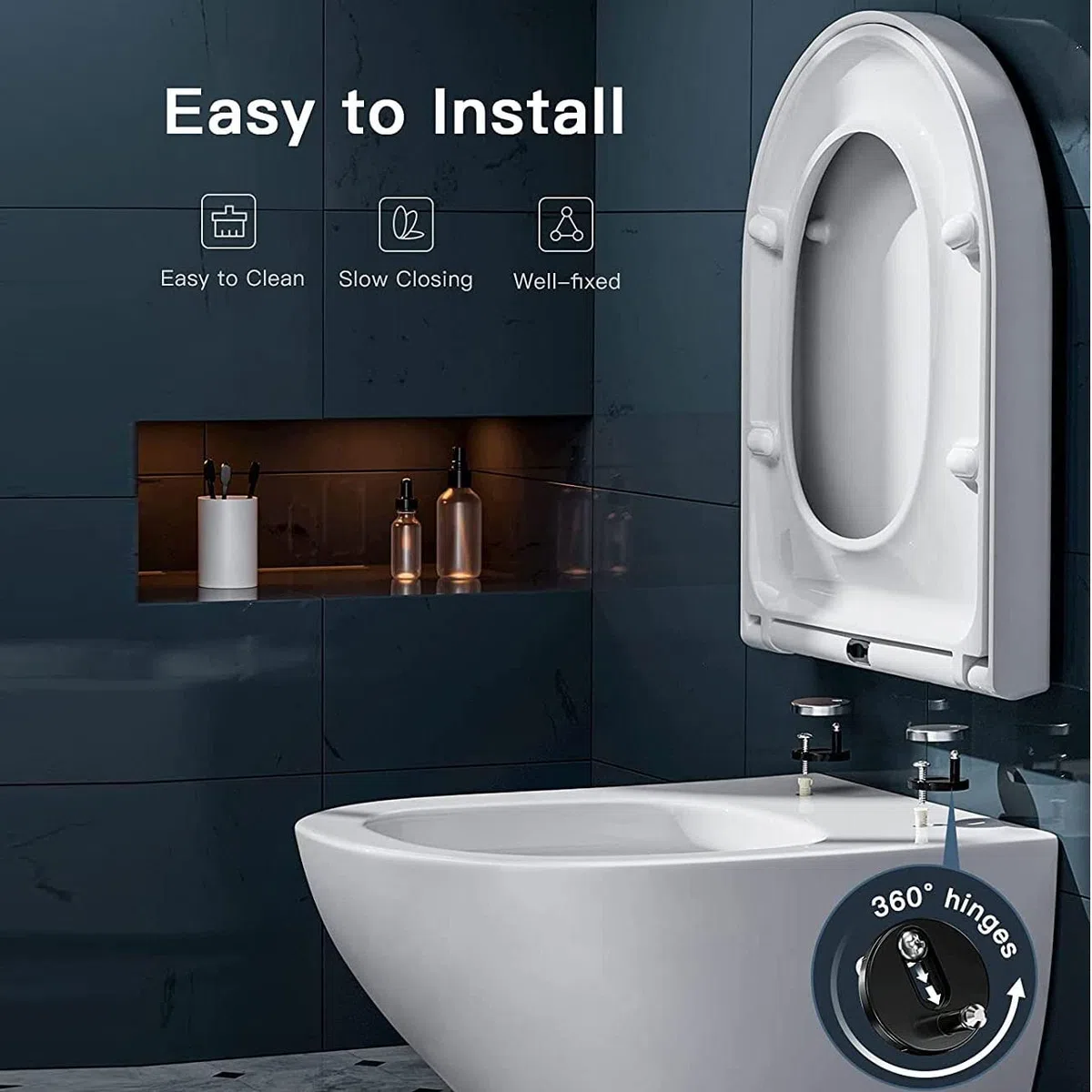 Abattant WC avec Frein De Chute Forme D - Lunette WC Antibactérien - Lunette De Toilette Clipsable, Duroplast - Abattant Toilette Convient Cuvette WC en Forme De D