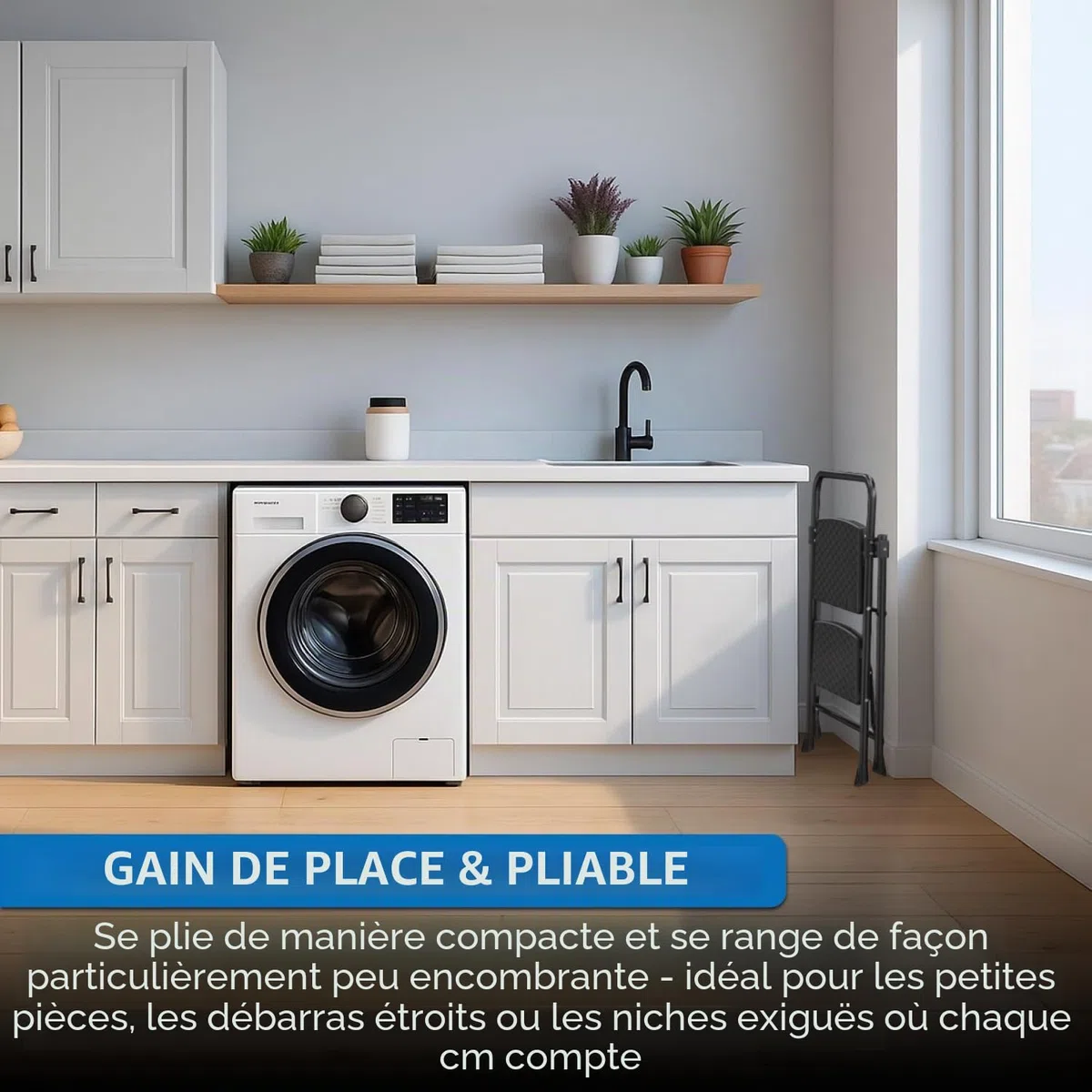 kör4u Escabeau à 2 marches, charge maximale jusqu'à 150 kg, pliant et peu encombrant, escabeau domestique stable, marches antidérapantes, cadre en acier, noir