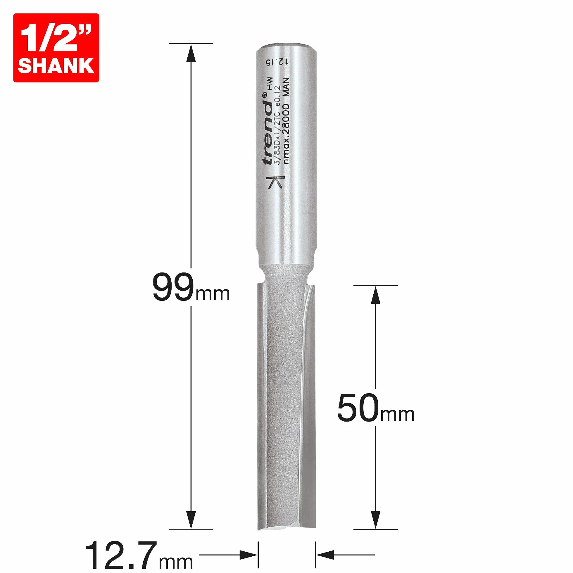 Trend Fraise à Deux Flûtes Professionnel, Queue de 1/2 Pouce, Diamètre de Coupe 12,7mm, Longueur de Coupe 50mm, Plaquettes en Carbure de Tungstène, 3/83DX1/2TC