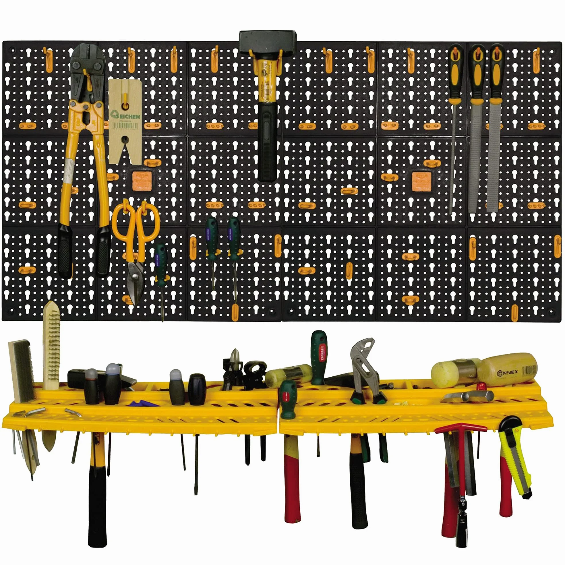 Ensemble de 2 panneaux et 2 niveaux de porte-outils avec 50 crochets, objets muraux de l'organisateur, 100% Made in Italy, 100x22h50 cm, couleur noire