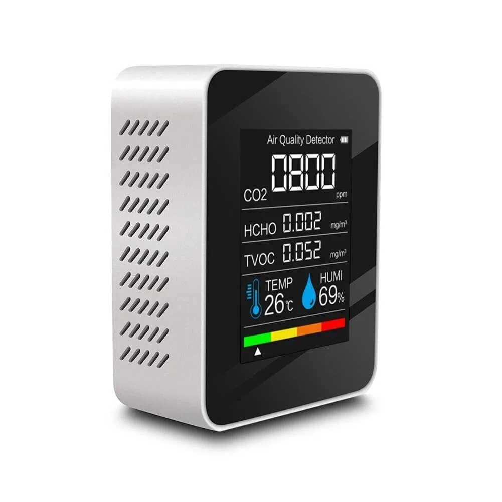 Professionnel Moniteur Qualité de l'Air 5-en-1 avec Capteur CO₂ – Mesure en Temps Réel : CO2, HCHO (Formaldéhyde), TVOC, Température et Humidité – Analyseur pour Intérieur Maison, Bureau, École