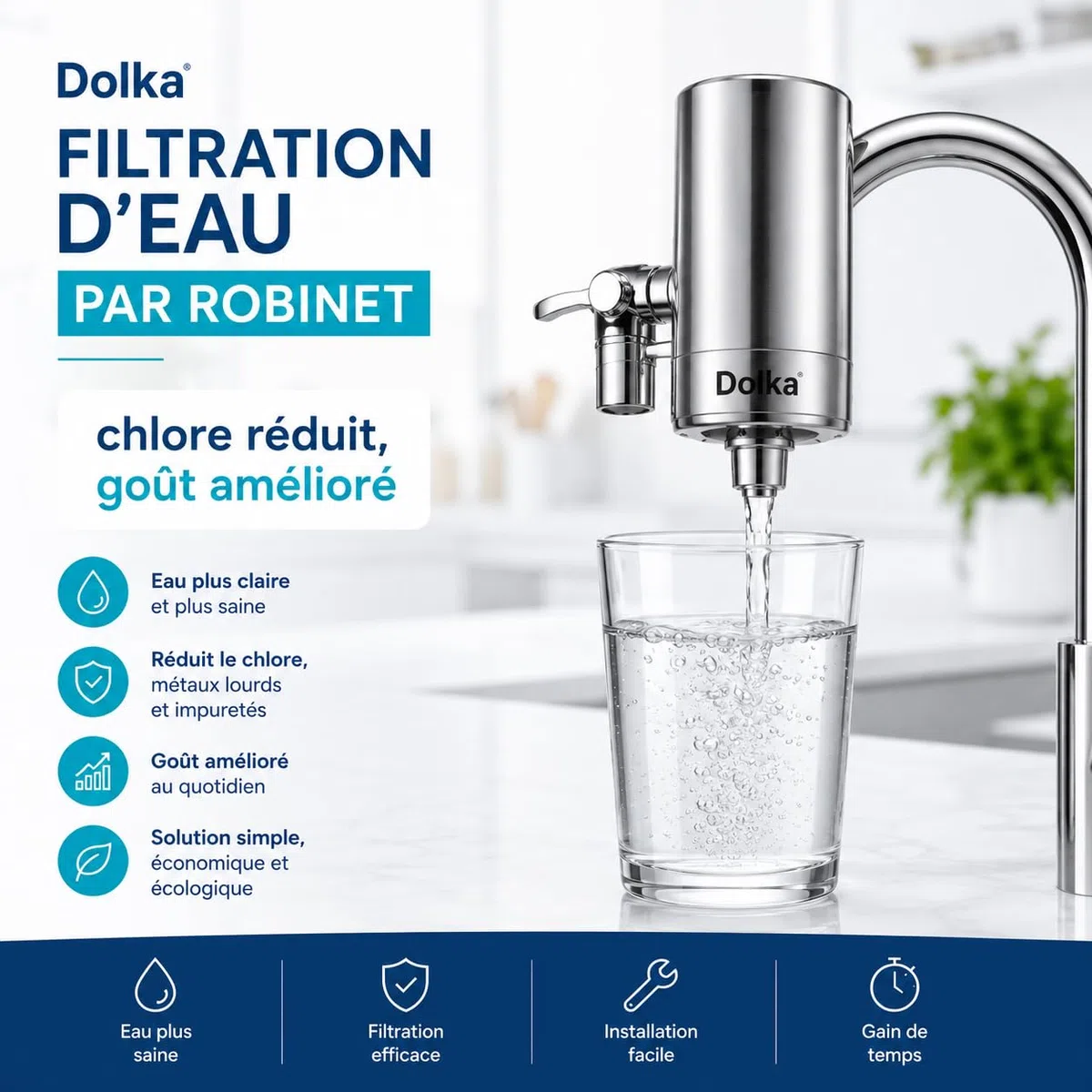 Filtre Eau Robinet Cuisine Dolka – Purificateur Eau Robinet en 100% inox – Eau Filtrée Instantanée – Filtre Eau Maison avec Charbon Actif – Installation Facile Sans Outils