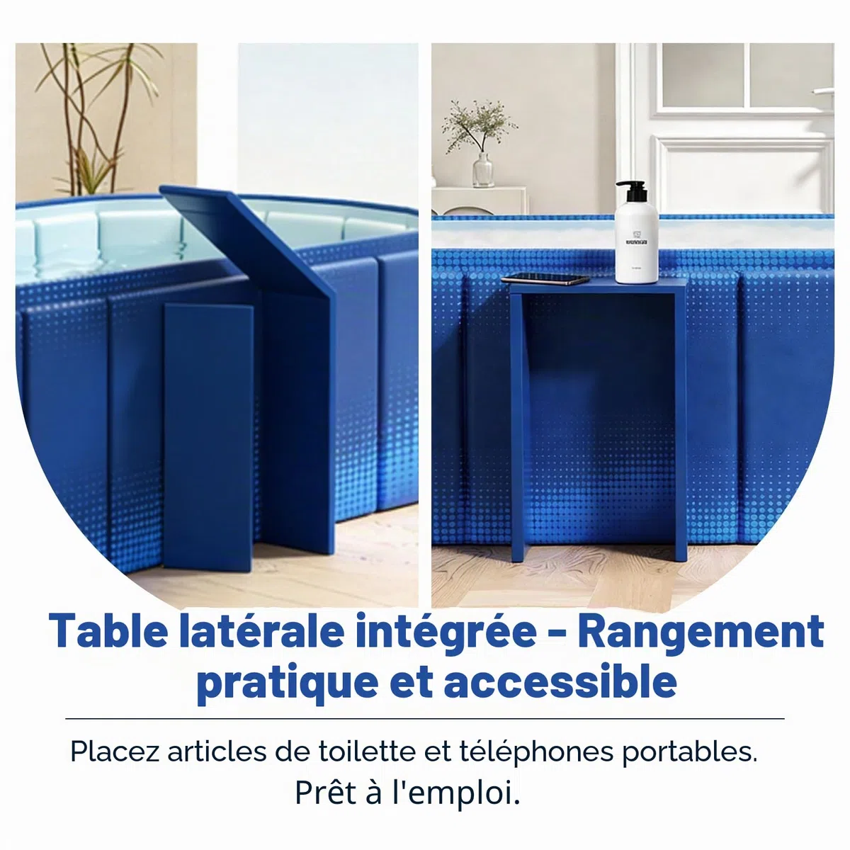 Baignoire portable de 150 cm avec étagère, pliable pour 2 personnes, sans gonflage, baignoire de trempage, bain glacé et spa chaud 2 en 1 pour douche, jardin et camping (bleu)