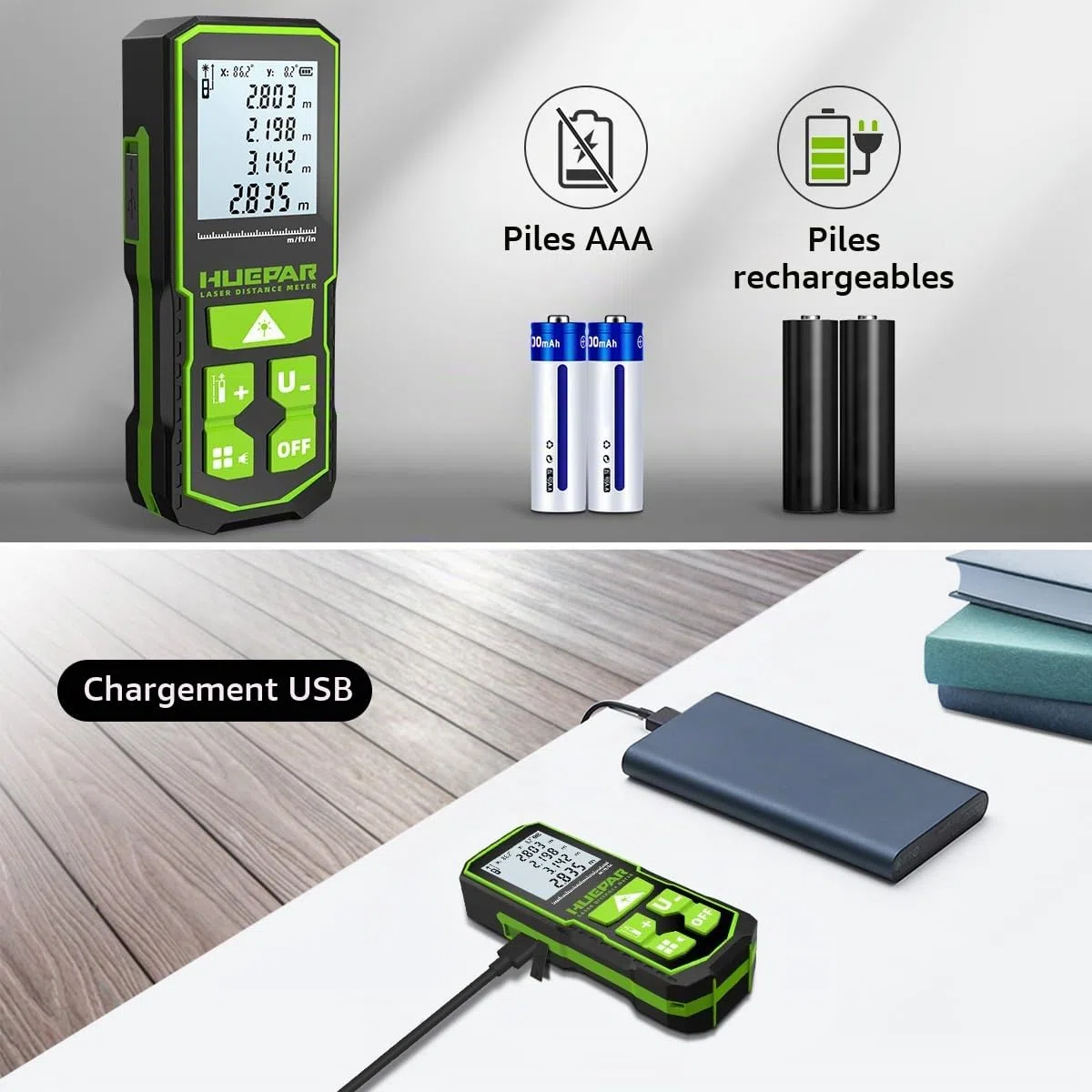 Télémètre Laser à Rayon Vert 60m, Huepar Digital Meter avec écran LCD, Batterie Rechargeable et Affichage à Deux Angles, Pythagore/Distance/Surface et Volume S60-G