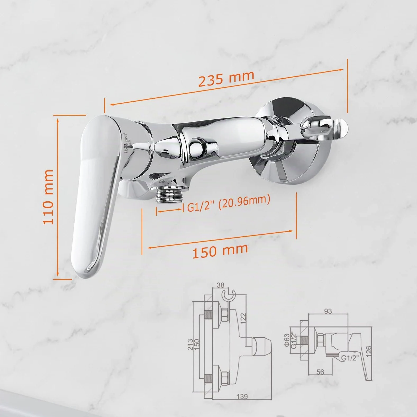Ibergrif M12059-1 Mitigeur monocommande Douche, Robinet Douche Universel Filetage G1/2, Mitigeur de Douche Mural avec Support de Douche, Laiton, Chromé