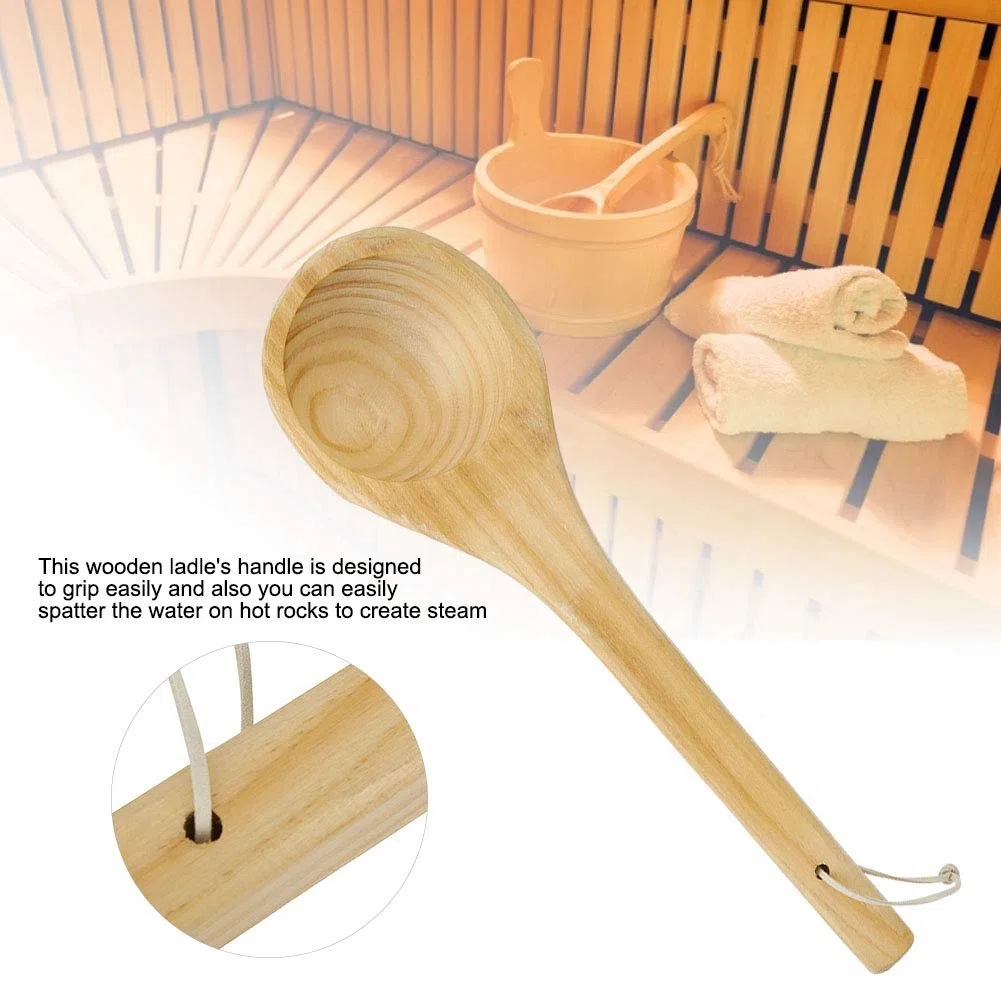 Cuillère de sauna, en bois avec poignée confortable et surface lisse, portable pour servir le thé et créer de la vapeur dans les saunas familiaux.