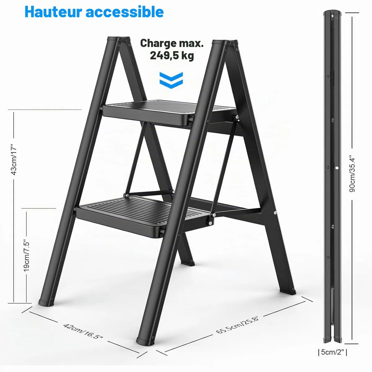 Escabeau pliable à 2 marches pour cuisine, bricolage et jardinage, échelle en acier robuste, capacité de 150 kg avec grande plate-forme antidérapante, escabeau portable et fin, noir