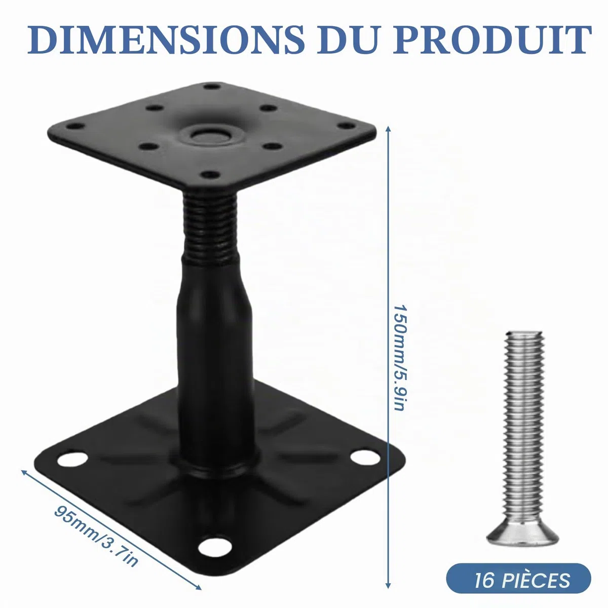 Lot de 4 supports de poteau, 100 à 150 mm, galvanisés, hauteur réglable, avec 16 vis, en acier galvanisé, pied de support pour terrasses, clôtures, abris, pergolas, travaux de construction
