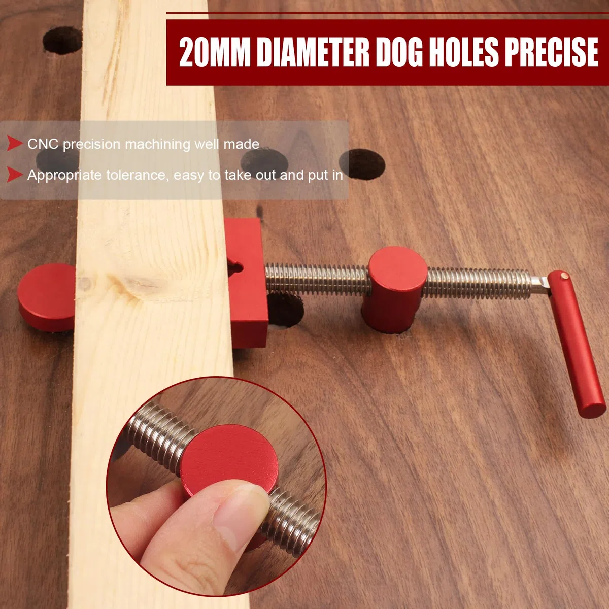 Lot de 2 pinces pour établi de table avec 4 pinces de banc pour chiens - Pour crochet de banc - Trou de 20 mm - Pour le travail du bois - Fixation rapide en laiton