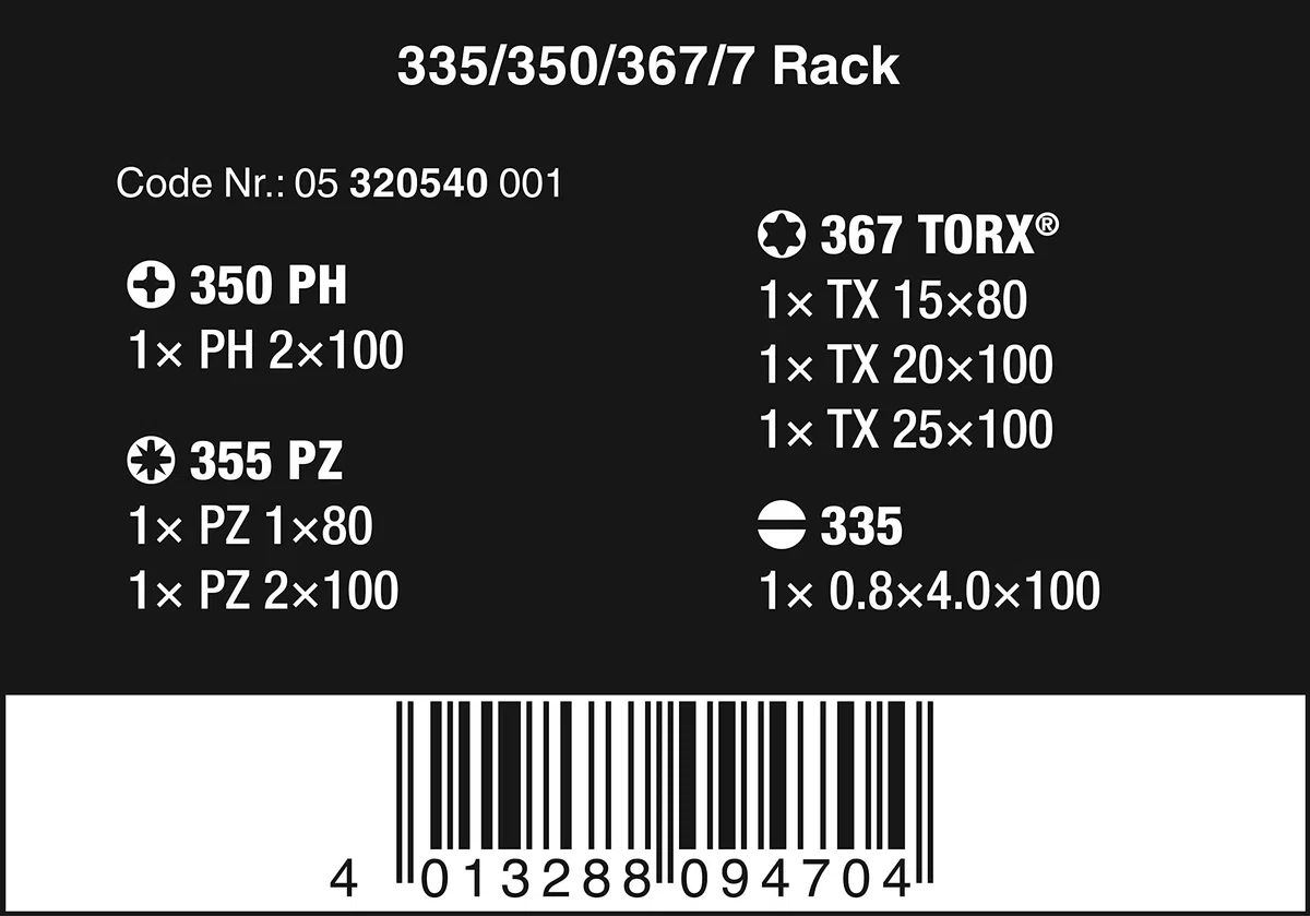 Wera 335/350/367/7 Lasertip 05320540001 Jeu de tournevis Kraftform Plus Lasertip avec Rack 7 pièces
