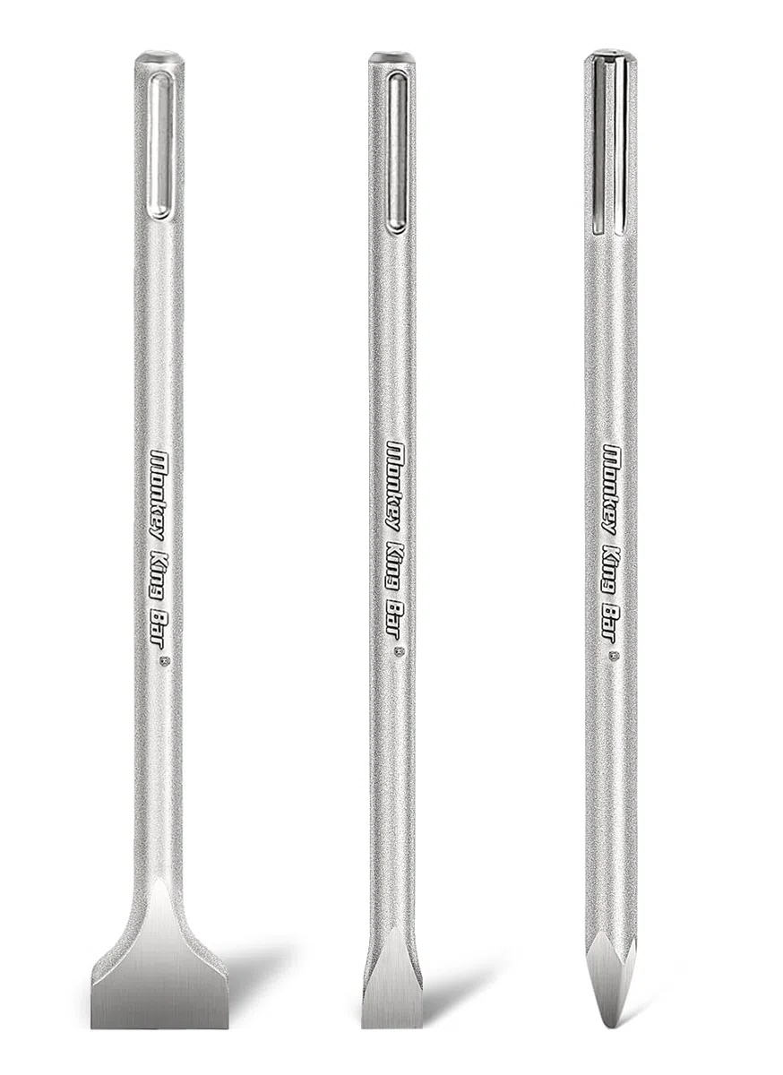 Monkey King Bar SDS MAX Set de burins, 3 pièces : burin pointu (400 mm) burin gradué (400 mm x 50 mm) burin plat (400 mm x 25 mm) Compatible avec les burins universels, marteau perforateur