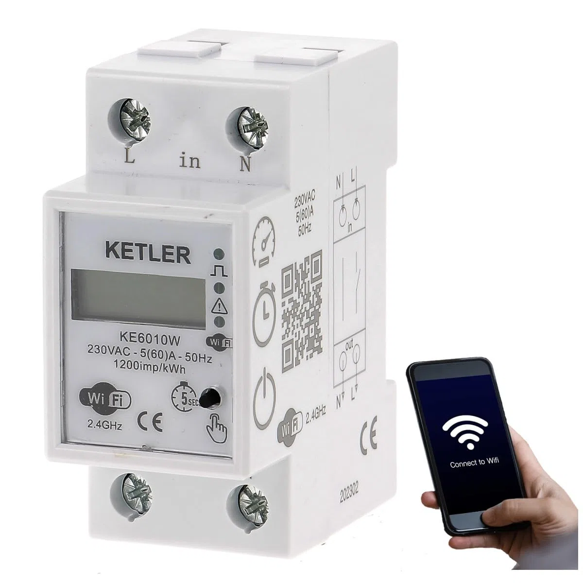 KETLER KE6010W : Compteur contact élec - Mono 60A - WIFI - SMARTLIFE/TUYA