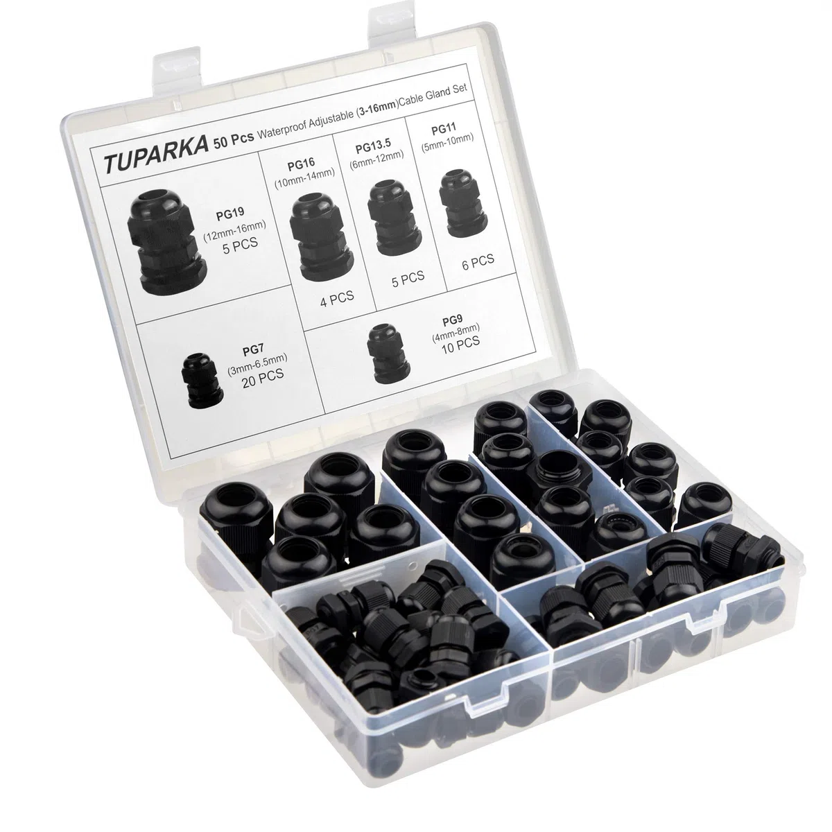 TUPARKA Lot de 50 Presse-étoupes étanches réglables 3–16 mm en Plastique avec Joints d'étanchéité dans Une boîte en polypropylène