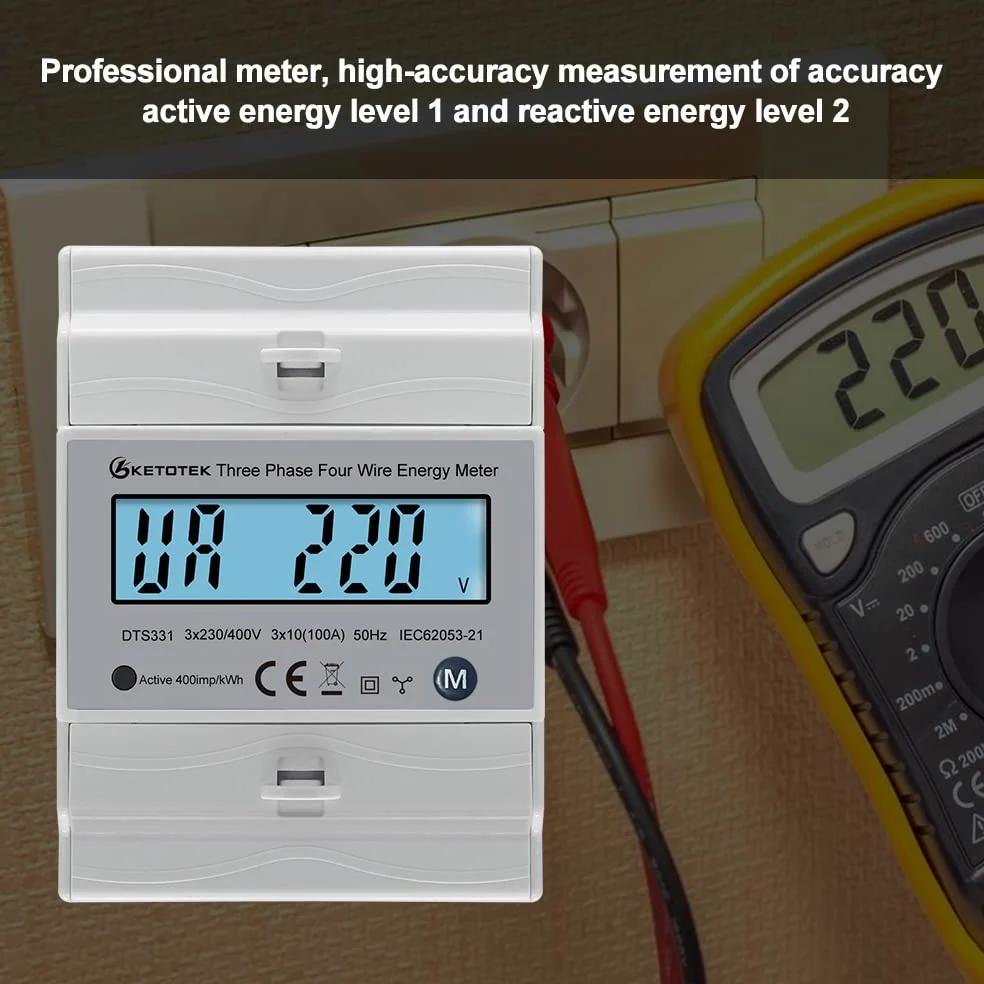 KETOTEK Compteur d'énergie triphasé AC, ampères, volts compteur | wattmètre bidirectionnel, kWh, compteur d'énergie rotatif, 3 x 230 V/400 V, 10 (100) A, DTS331