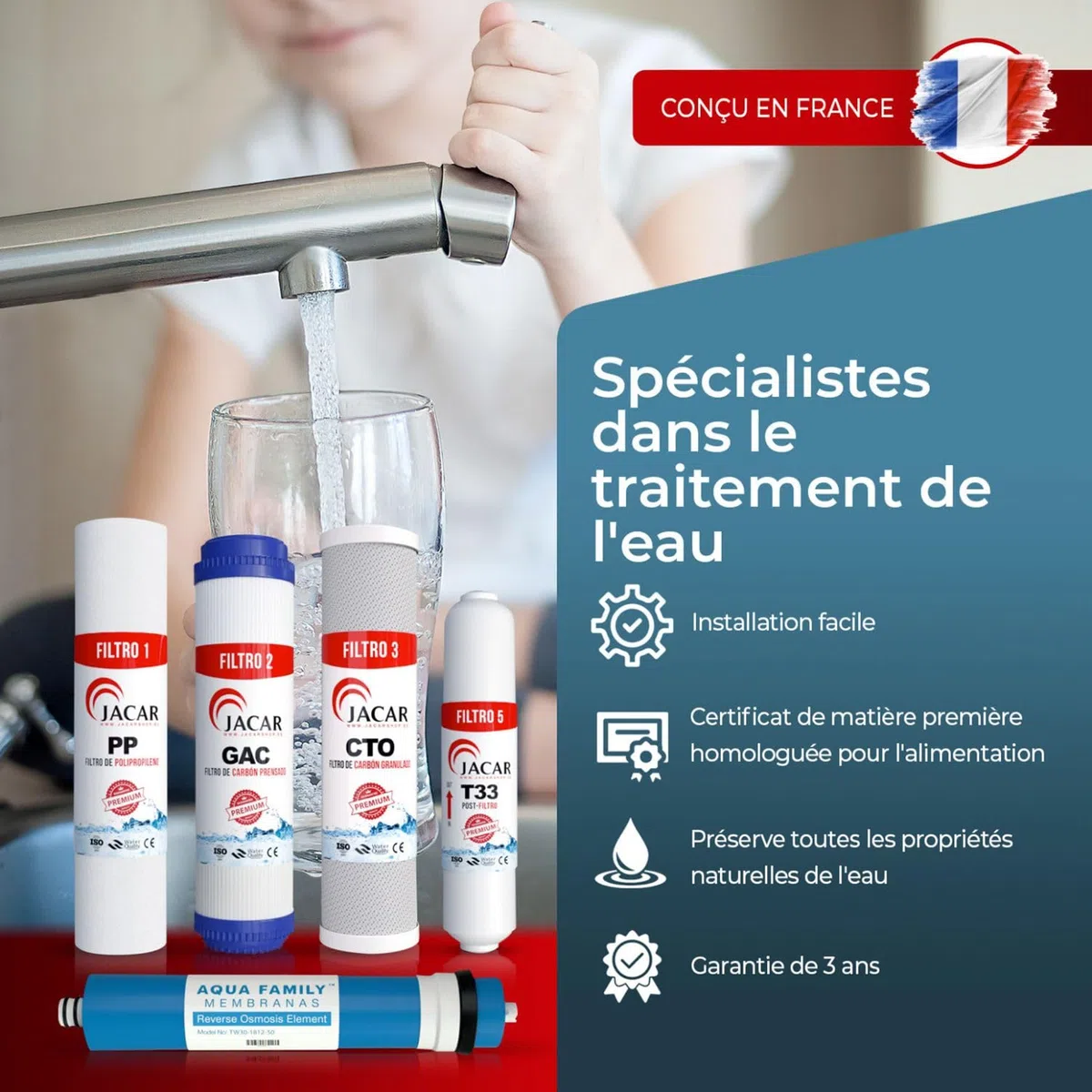 Pack Filtres Osmose Inverse Membrane 50 GPD Compatible Cartouche Tous Systèmes Osmose Osmoseur 5 Étapes Kit Filtre Remplacement Charbon Coco 10 pouces Eau Pure JACAR