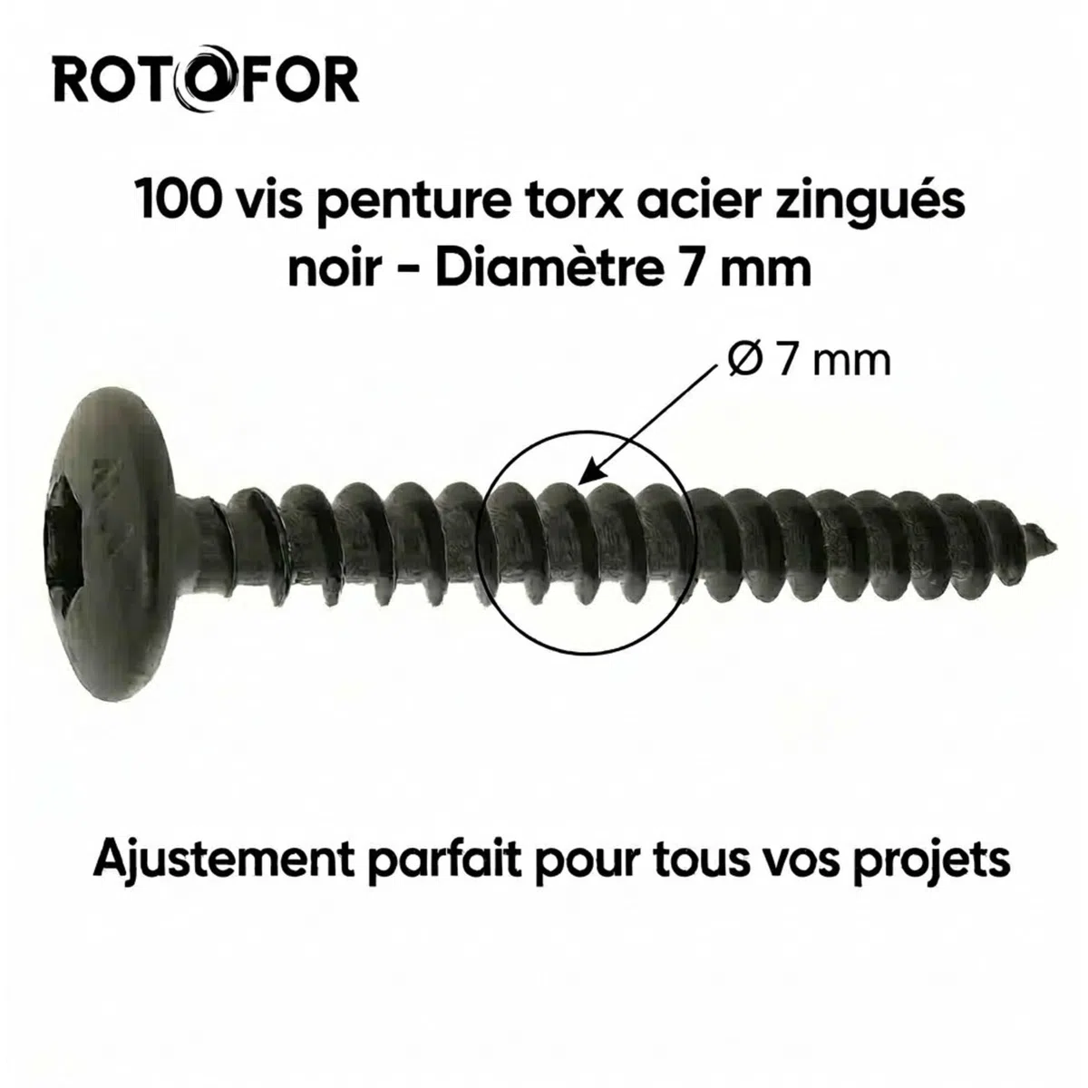 100 Vis Penture Torx acier zingués Noir 7,0 mm - Longueur 70 mm