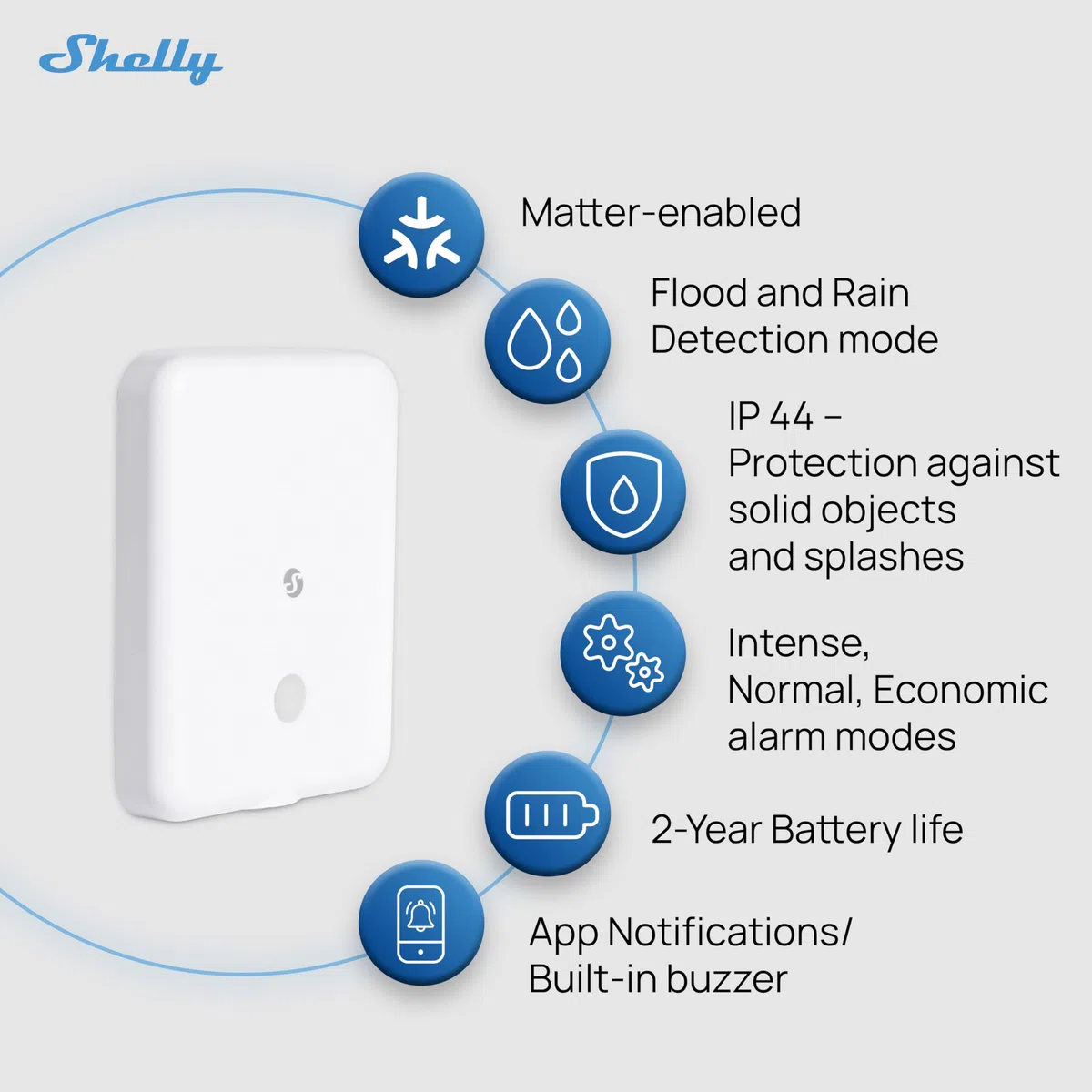 Shelly Flood Gen4 - Capteur de Fuite d'eau connecté Zigbee, Wi-FI, Bluetooth, Matter, avec Câble détecteur 2m, IP44, Alarme sononre, Notification d'app, Compatible Apple Homekit, Alexa, Google