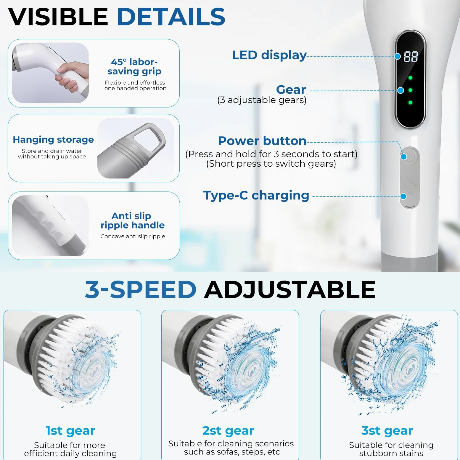 Brosse Nettoyage Electrique Rotative, Brosse Electrique Nettoyage avec 9 Têtes Interchangeables, Manche Réglable, IPX7 Étanche, 3 Vitesses, Electric Spin Scrubber pour Salle de Bain, Cuisine, Voiture