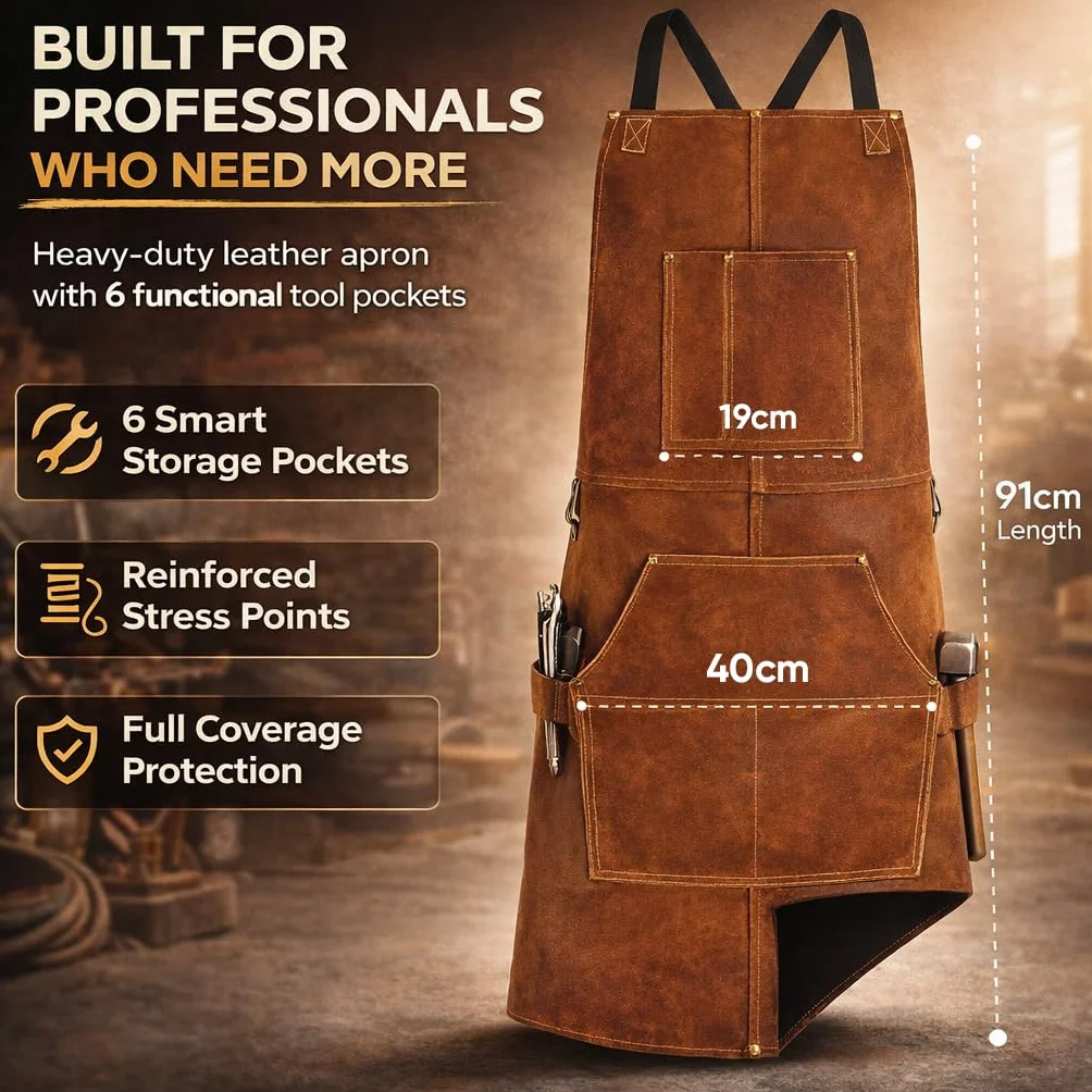 BWOLF SMITH Tablier de Soudeur Professionnel en Cuir | pour Homme avec 6 Poches |Tablier de Soudure Durable de Travail | Anti-flamme et Protection pour Forgeron