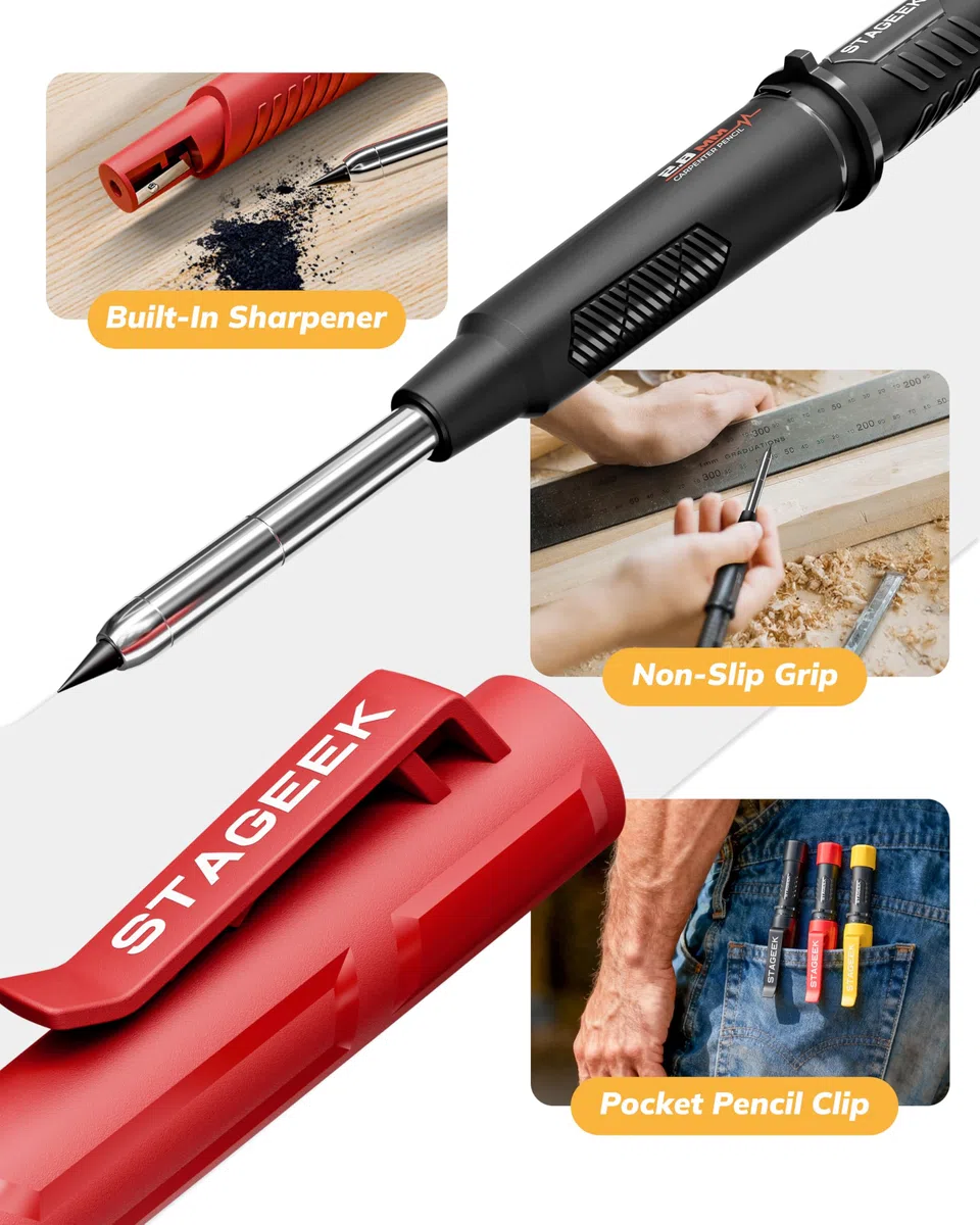 STAGEEK Lot de 4 Crayons Chantier Extensibles avec Holster, Taille Crayon, 76 Mines de Rechange, Pour Architecte, Menuisier, Bricolage, Dessin, Traçage sur Bois, Métal, Béton, Carrelage