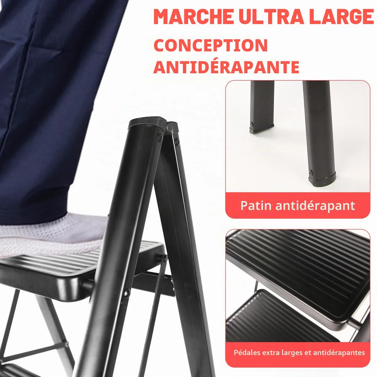 Escabeau 3 Marches Pliable, Grandes Marches, Petite Échelle Domestique pour La Cuisine 3 Marches, Facile à Utiliser, Capacité Charge 150kg