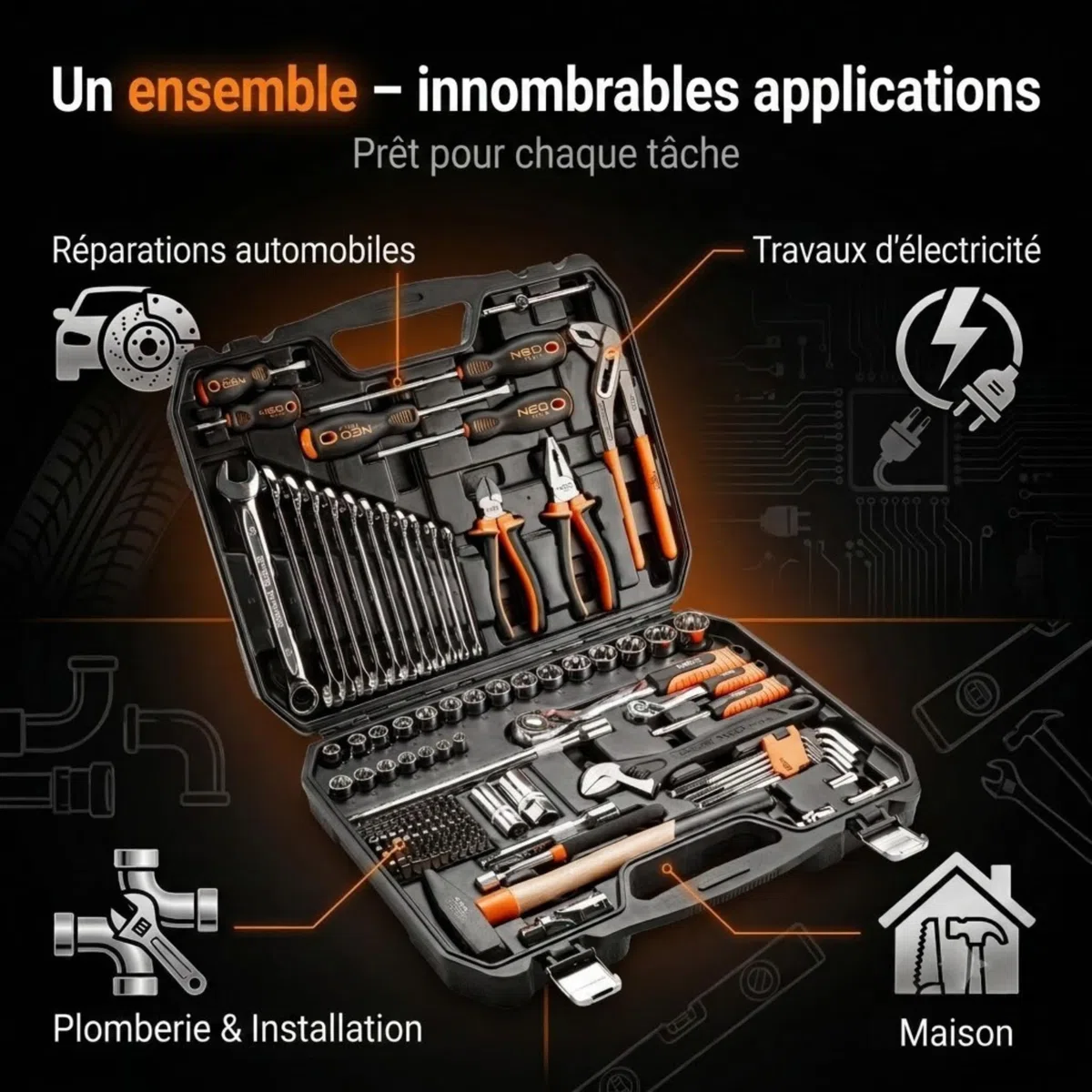 NEO TOOLS Lot de 143 outils en acier CRV pour travaux mécaniques, électriques, sanitaires et ménagers, mallette solide avec pinces métalliques