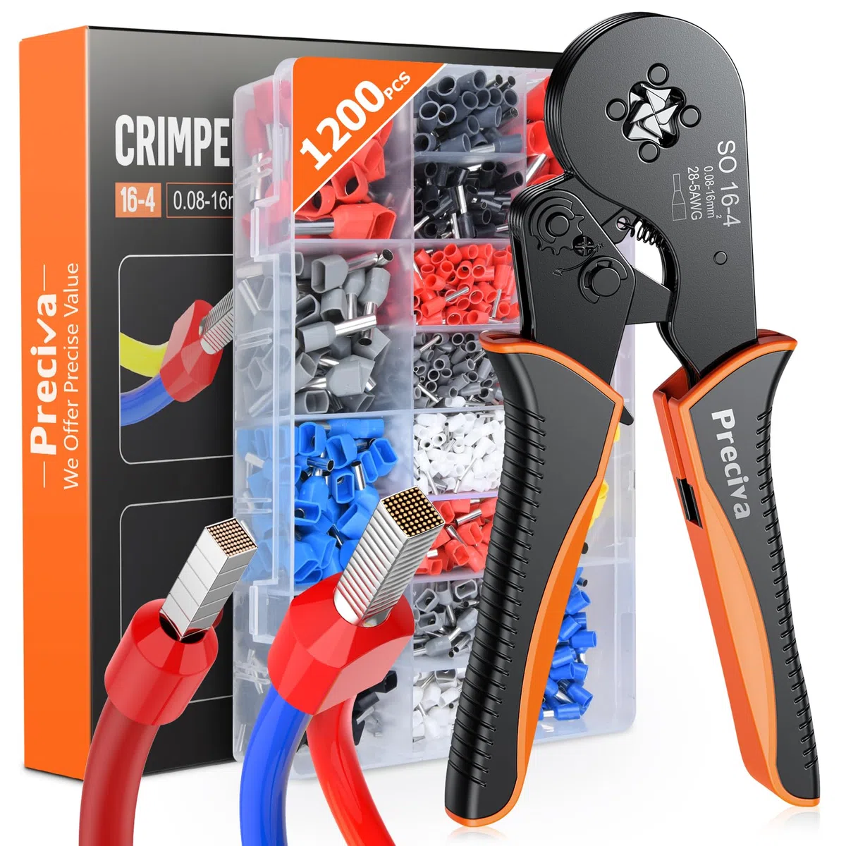 Preciva 0.08-16mm² Pince à Sertir avec 1200pcs Cosses Electriques (300 Bornes à Double Fil), AWG28-5 Pince a Sertir Outil de Sertissage de Ferrule Outils de Sertissage Pince à Cliquet