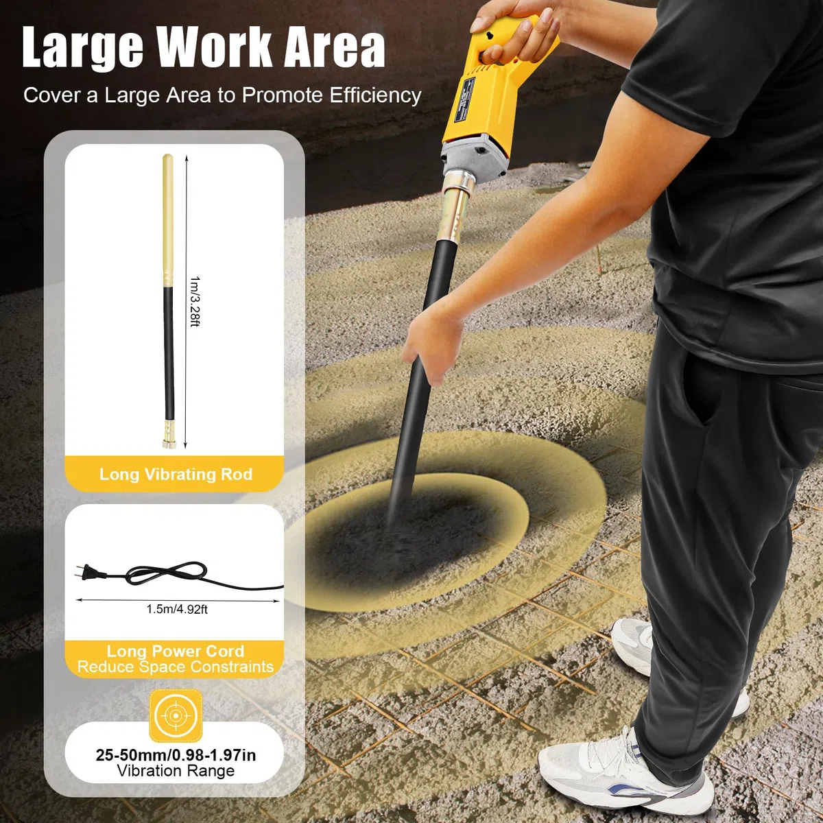 Vibrateur à Béton Électrique, 800W Vibrateur manuel, Outil Vibrant Portatif pour Béton avec Aiguille Vibrante 1m, 4500 tr/min, pour Construction de Routes et Tunnels