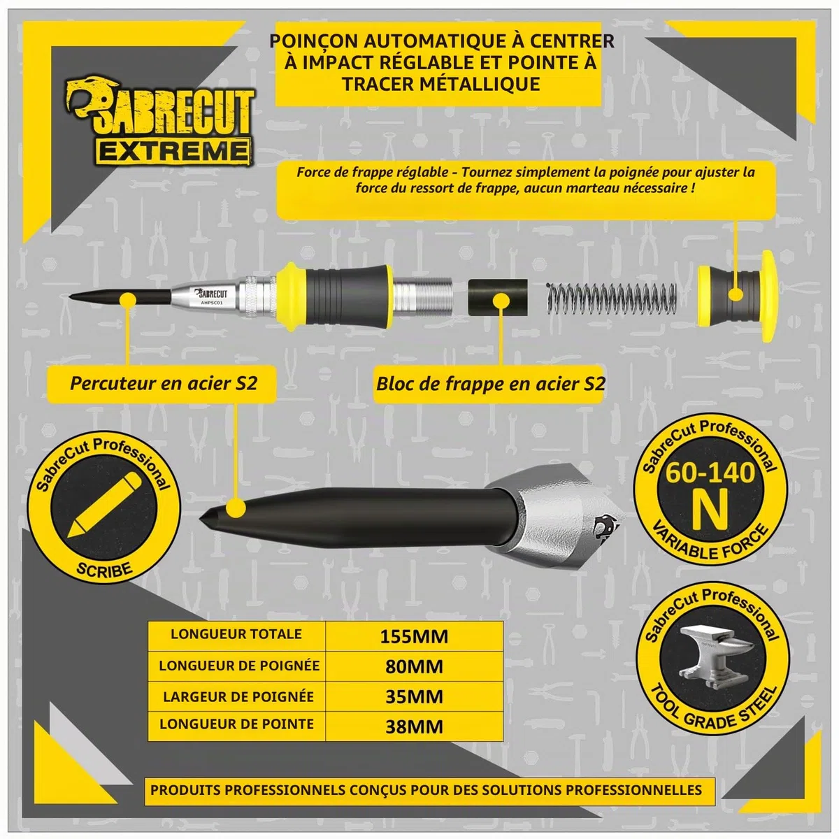 1 pièce SabreCut AHPSC01 Perforatrice centrale à ressort automatique robuste avec force de frappe réglable 60-140 Newtons Convient au métal au bois au plastique et à de nombreux autres matériaux