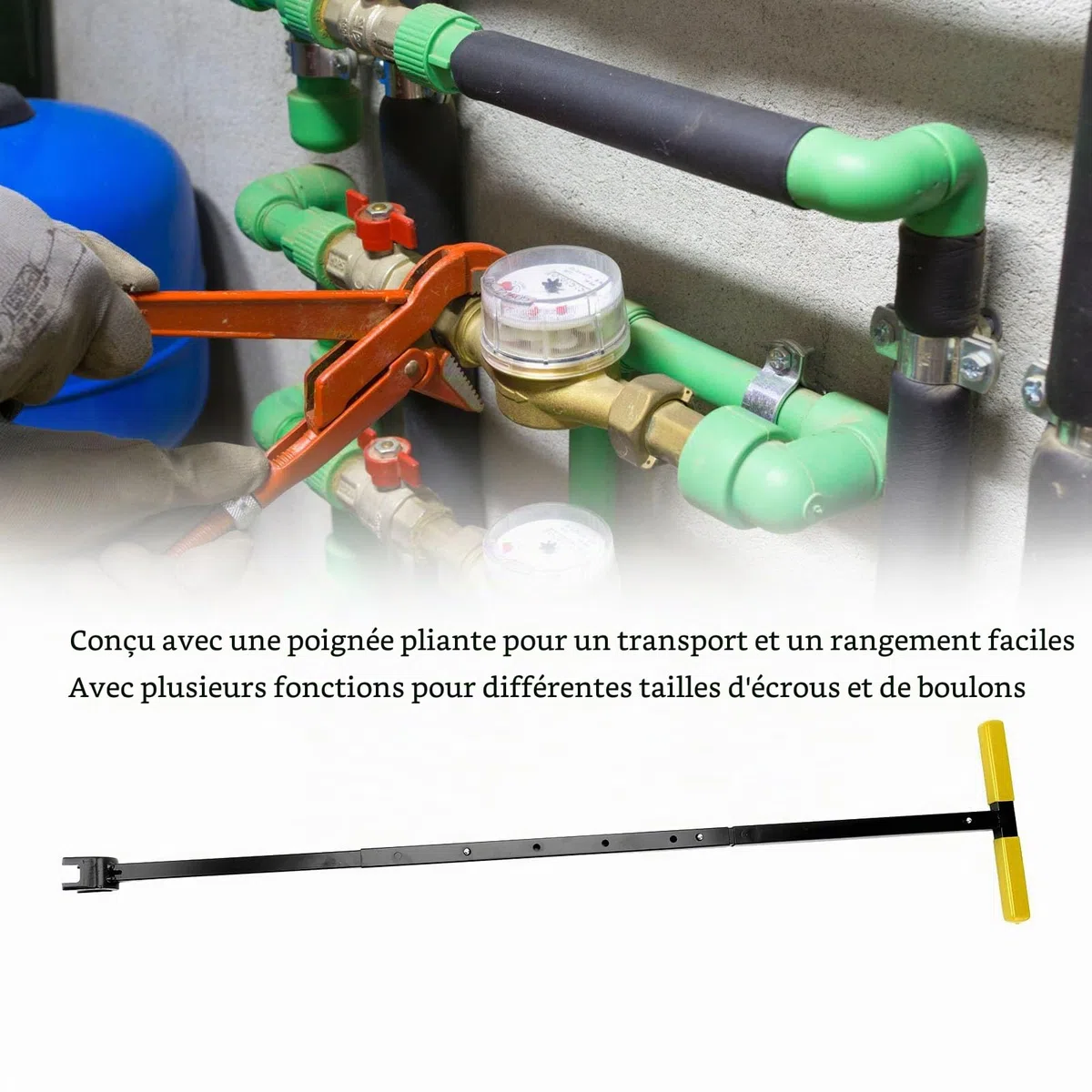 AUNMAS Clé de compteur d'eau multifonctionnelle, poignée en T pliable facile à ranger outil en acier pour réparation domestique et professionnelle des compteurs d'eau