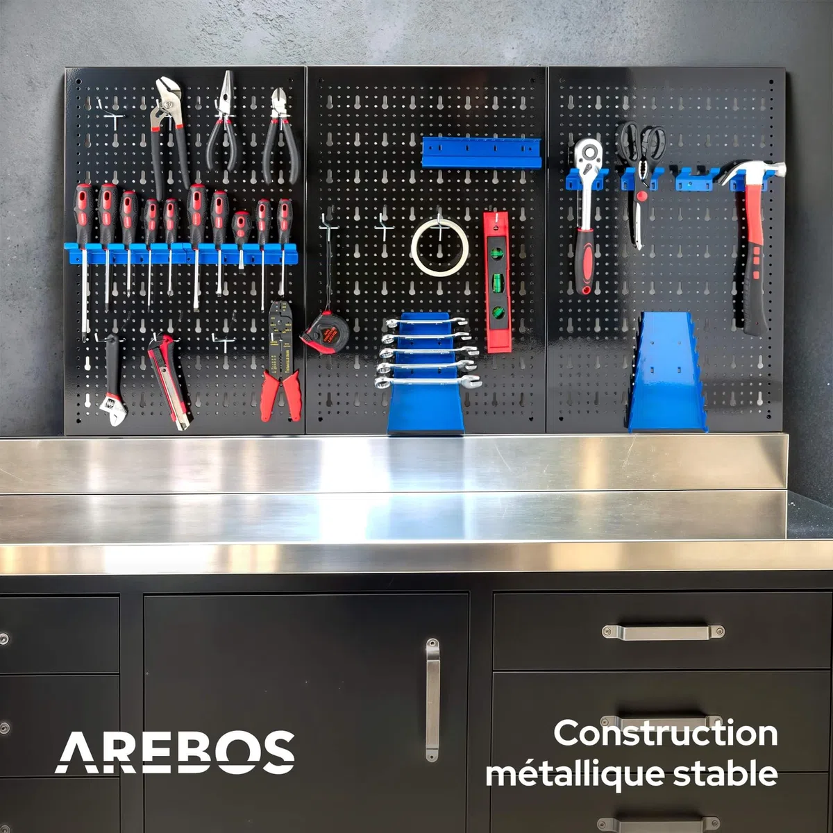 Arebos Paroi à outils en trois parties | Jeu de 17 crochets bleu | 117,6 x 59,5 x 2 cm | Paroi à outils perforée en métal + supports + matériel de montage