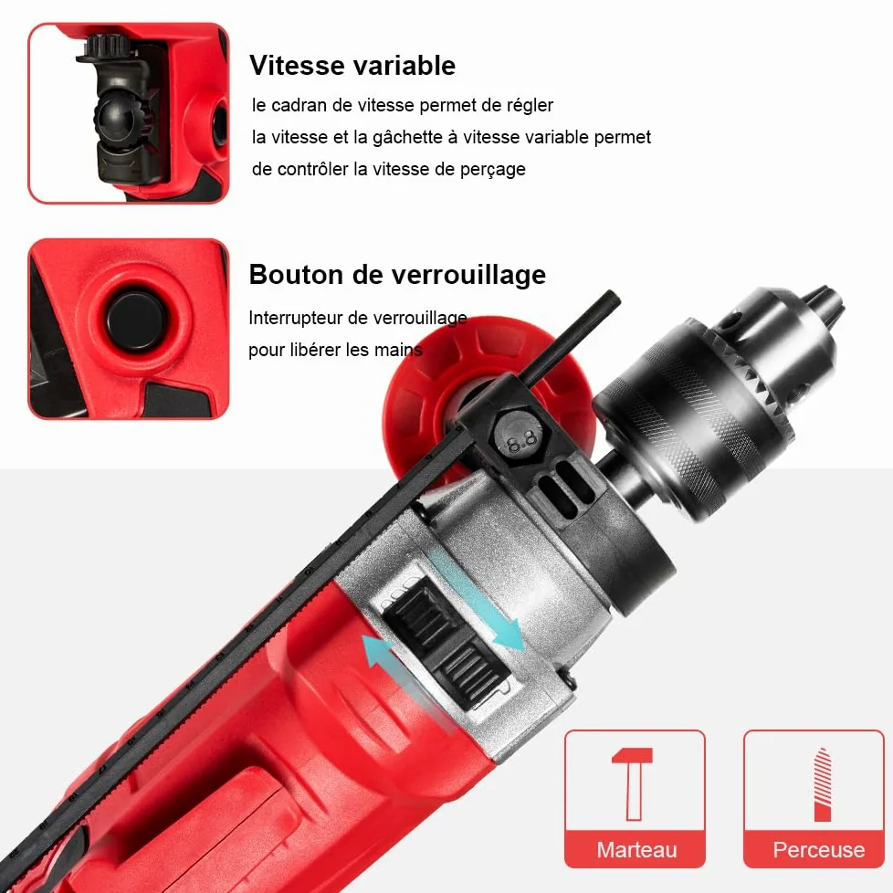 TEENO Perceuse Électrique à Percussion 910W, Perceuse à Percussion électrique 0-3000 RPM, Mandrin 13mm, Vitesse Variable, 37 Pièces Caisse à Outil Complete Tournevis et Pinces,Brique,Bois,Acier