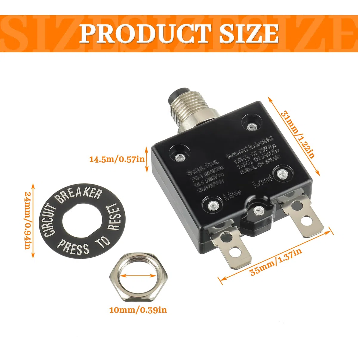 HUWREW Disjoncteur à bouton-poussoir 10 A 125-250 V AC 50 V DC Série L1 Réinitialisation manuelle Disjoncteur thermique 10 A Protection contre les surcharges thermiques