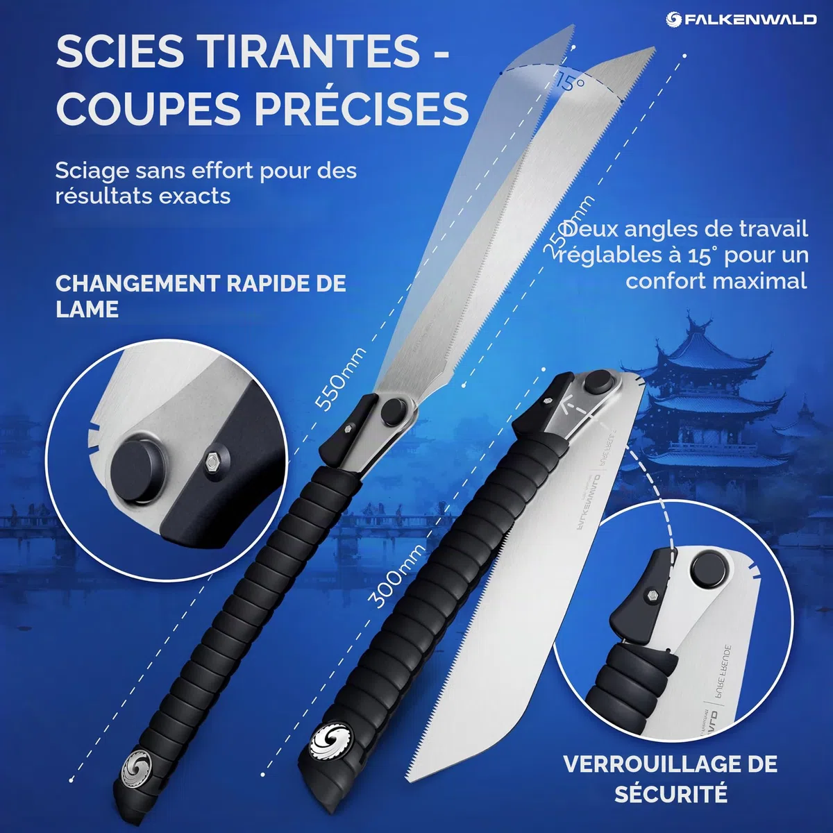 Falkenwald Scie japonaise pliable - Scie à bois + 2 lames de scie 7TPI, 17TPI + sac - Idéal pour le traitement du bois - Scie à main pour coupe transversale et longitudinale - Outils de travail du