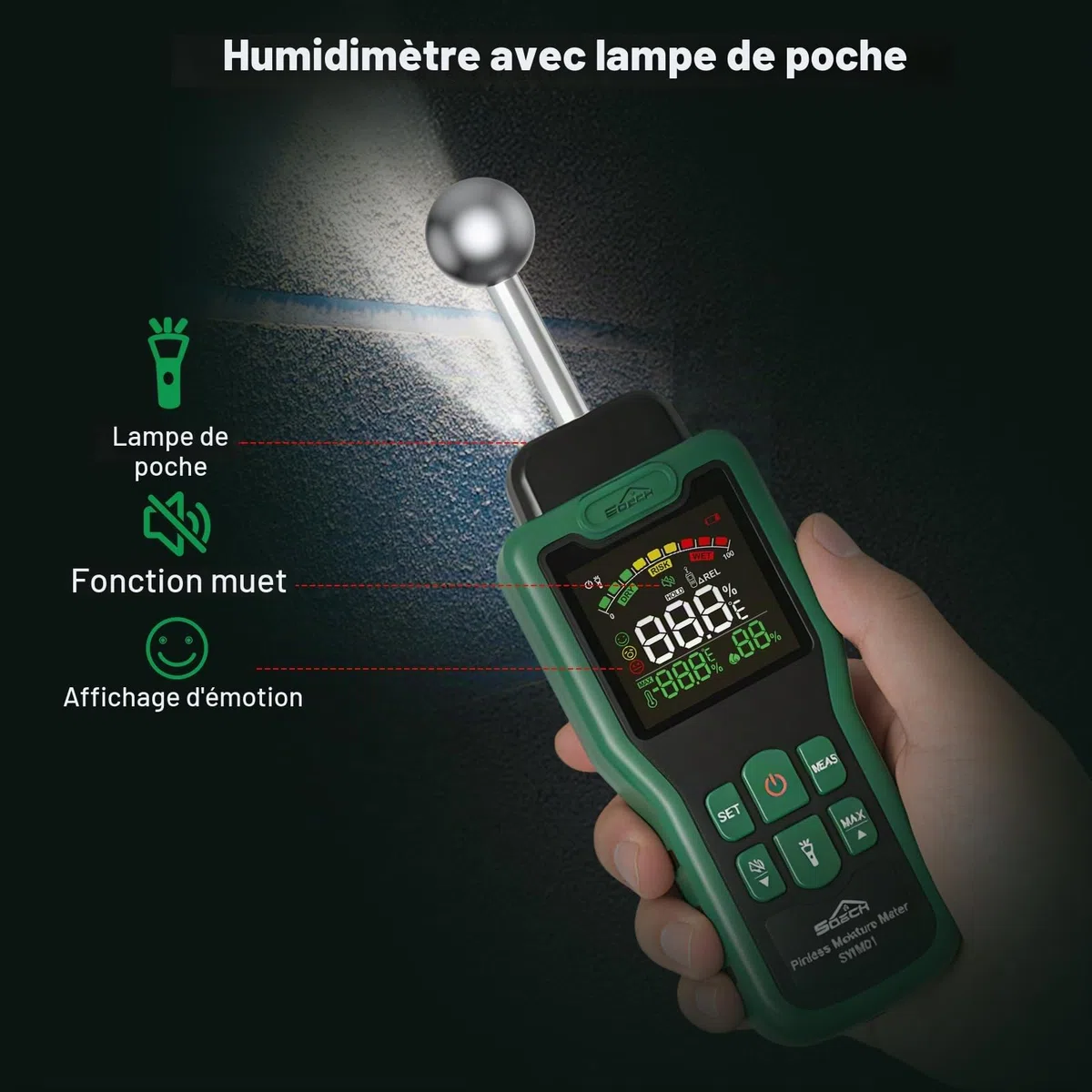 Testeur Humidité, SQECH Humidimetre Mur avec Thermomètre, Lampe de Poche | Détecteur Humidité Multifonction avec écran LCD Couleur, Alarme, pour Mur, Bois, Béton