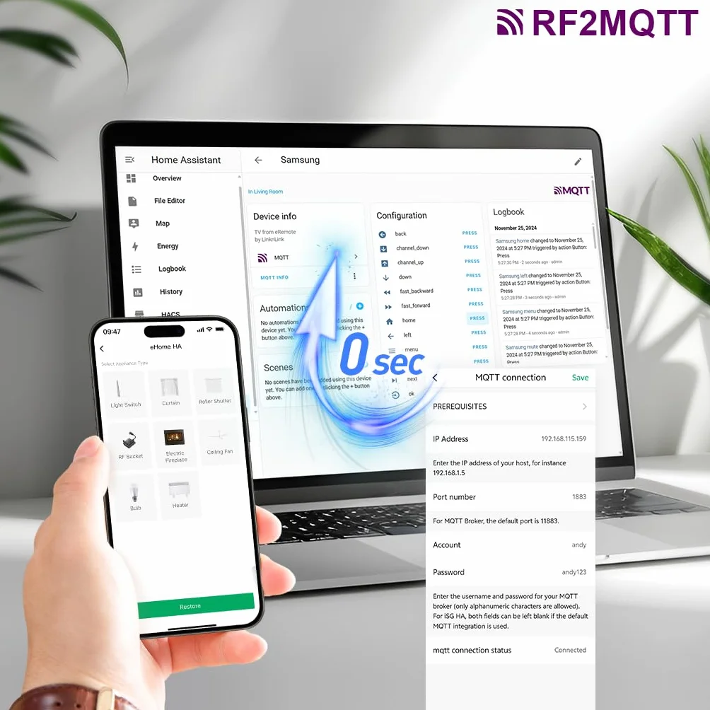 eHome HA Wi-FI Smart RF Télécommande Universelle, Contrôleur RF pour Interrupteurs lumière, Ventilateurs Plafond, Moteurs Store, RF2MQTT Home Assistant, Compatible avec Alexa et Google Home