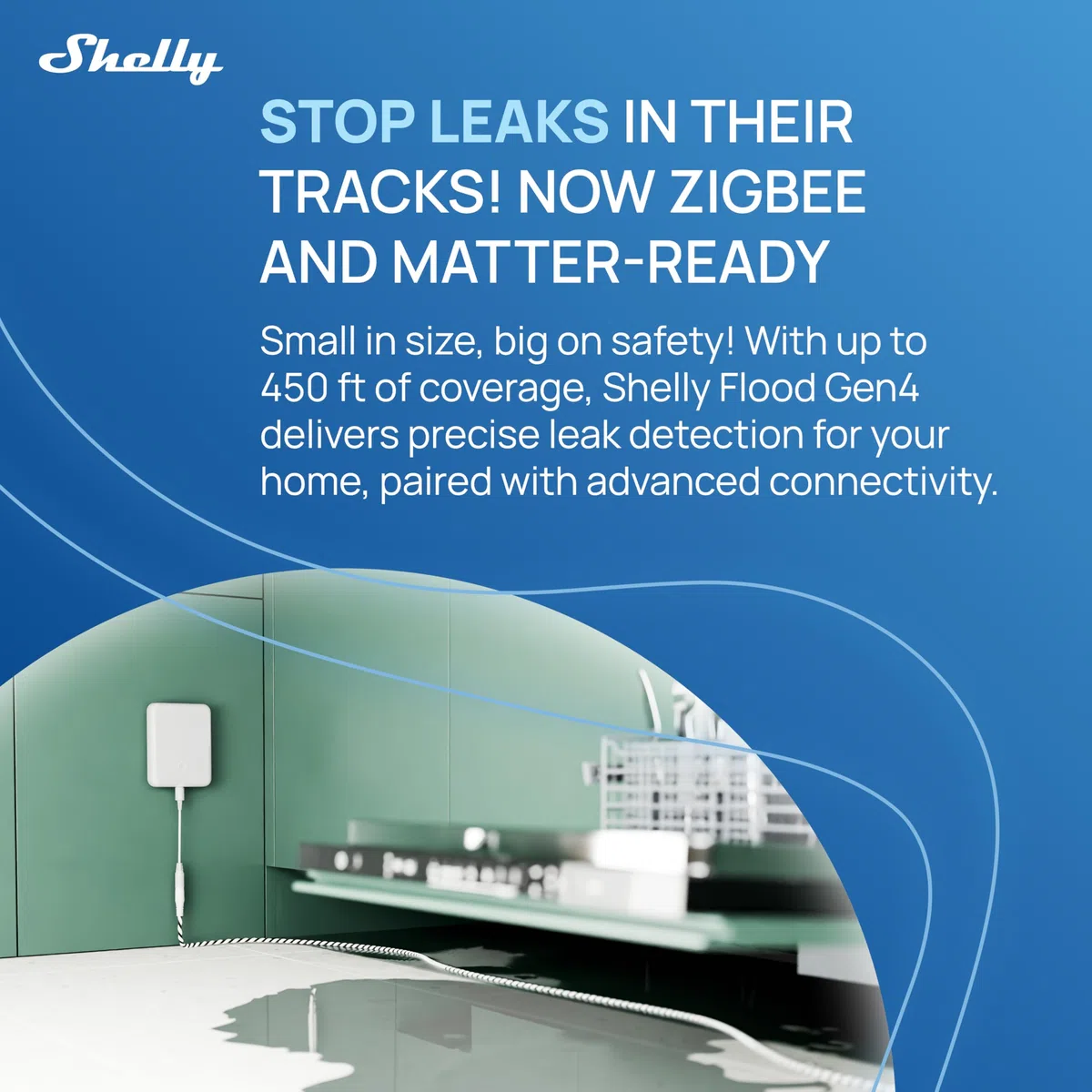 Shelly Flood Gen4 - Capteur de Fuite d'eau connecté Zigbee, Wi-FI, Bluetooth, Matter, avec Câble détecteur 2m, IP44, Alarme sononre, Notification d'app, Compatible Apple Homekit, Alexa, Google