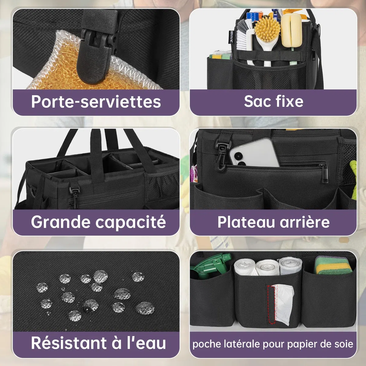 OUUTMEE Sac de Nettoyage avec Séparateurs Amovibles, Organisateur de Nettoyage Portable avec Poignées et Bandoulière Réglable, Sac Fourre-tout de Nettoyage pour Maison, Femmes de Ménage, Noir (Grande) | Organiseur portable pour produits de nettoyage, band