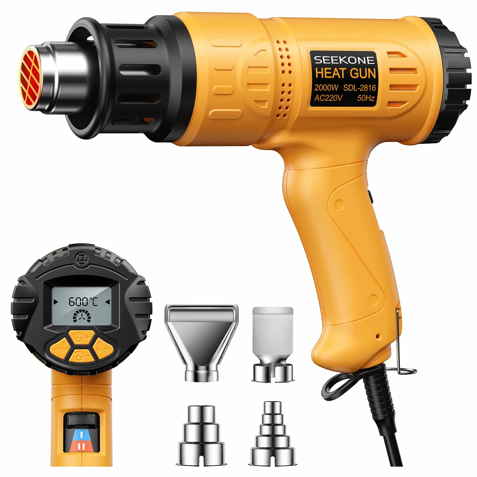 SEEKONE Décapeur Thermique Professionnel 2000W 50℃ - 600℃ avec Grand Écran LCD Numérique Kit de Pistolet à Air Chaud Contrôle de Température Variable, Mémoire de Mise sous Tension, Conversion ℃ - ℉