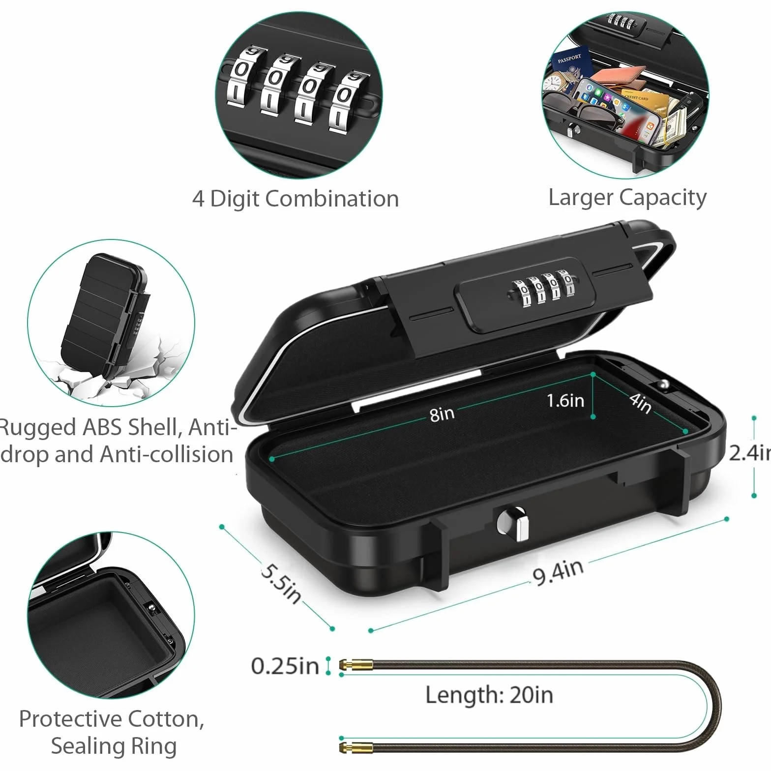 ORIA Coffre-fort Portable à Code, Coffre-fort de Sécurité Étanche avec Câble Métallique Amovible, Coffre-Fort à Clés avec Combinaison, Boîte à Cadenas de Stockage de Clés pour Voyage, Bureau - Noir