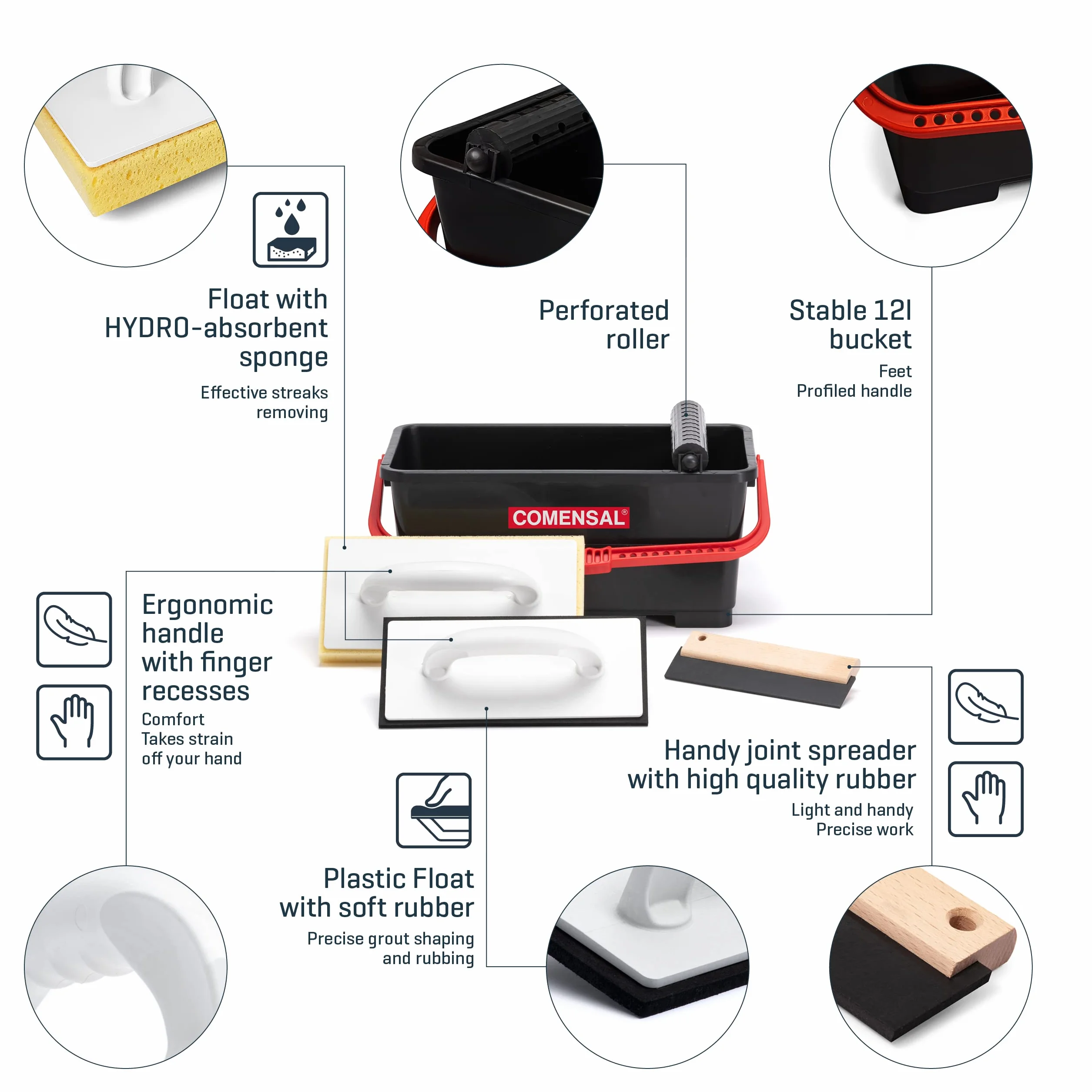 COMENSAL Kit Joint Carrelage - 8 Pièces - M - 12L - Kit d'outils de Pose de Carrelage - Joint en Caoutchouc - Eponge HYDRO - Taloche à Joints - Made in EU