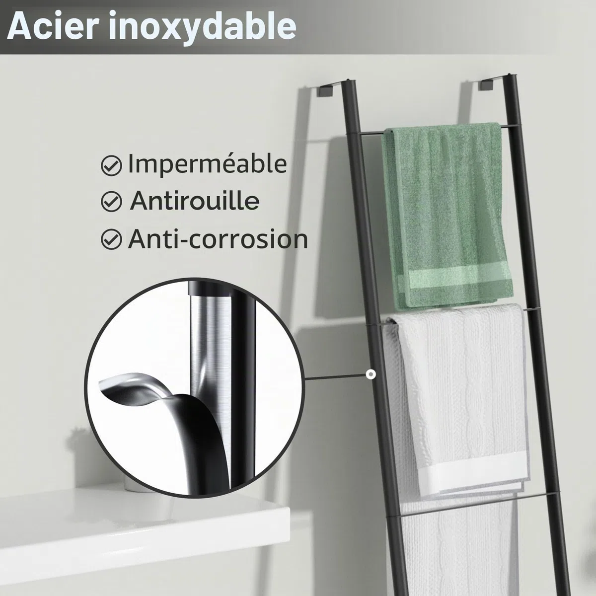 pickpiff Échelle de couverture en métal noir – Porte-serviettes mural sur pied pour salle de bain, salon, cuisine, support pour serviettes, couvertures, jetés, quits (4 niveaux, noir)