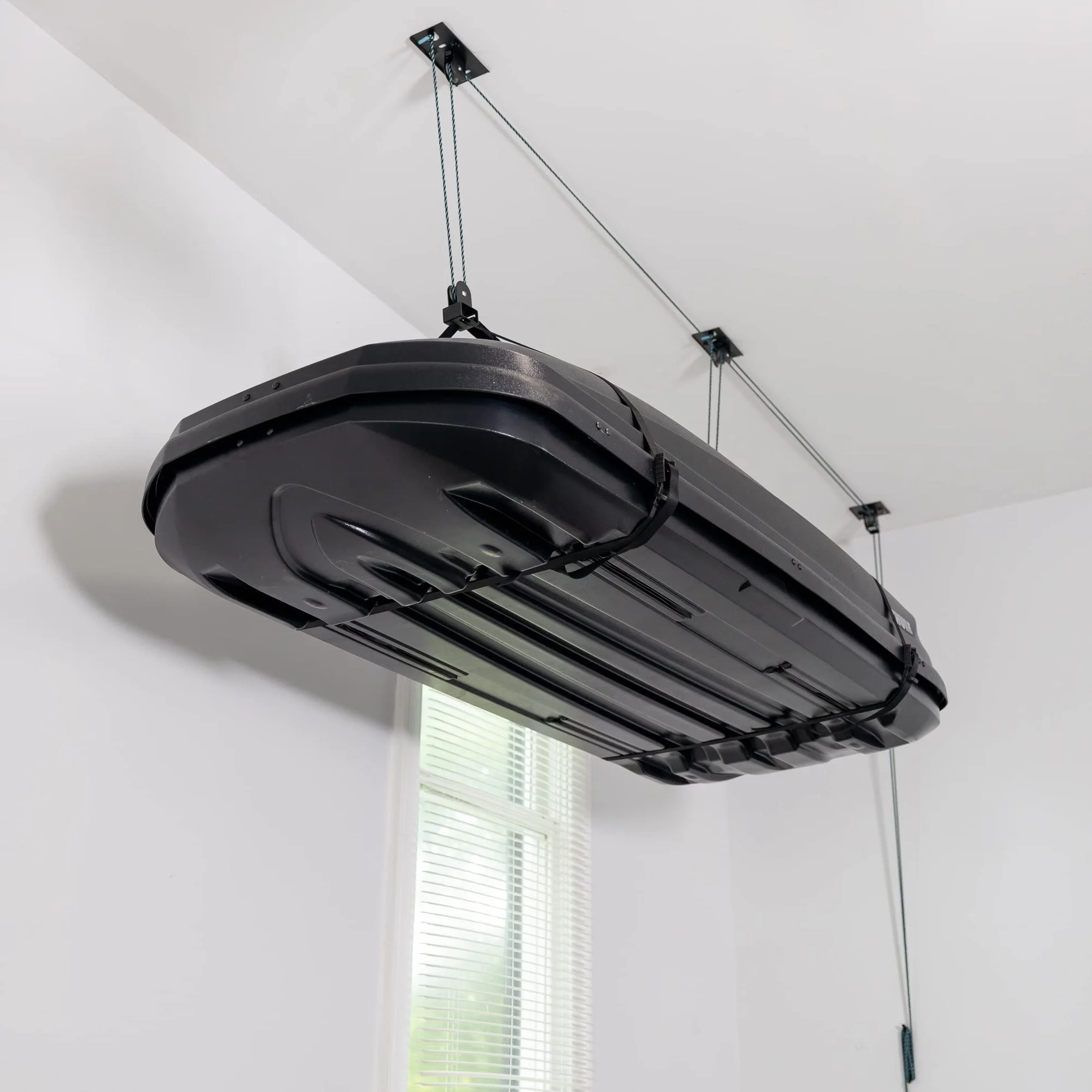 Teal Triangle Élévateur de plafond pour coffre de fret, système de poulie de garage robuste, peut supporter 68 kg et convient aux plafonds de garage de 2,4 à 3 m de haut