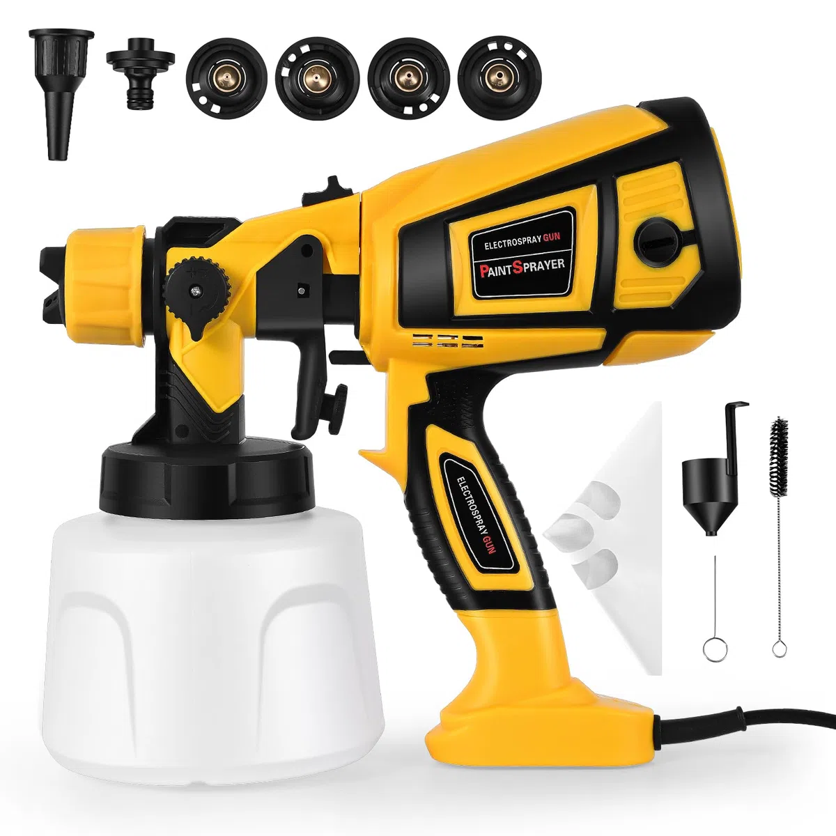 Pistolet a Peinture, 800W Pistolet a Peinture Electrique, 1400ml HVLP Pistolet Peindre avec 5 Buses et 3 Motifs, pour Meubles, Armoires, Clôture, Plafonds, Murs, Porte, Jaune