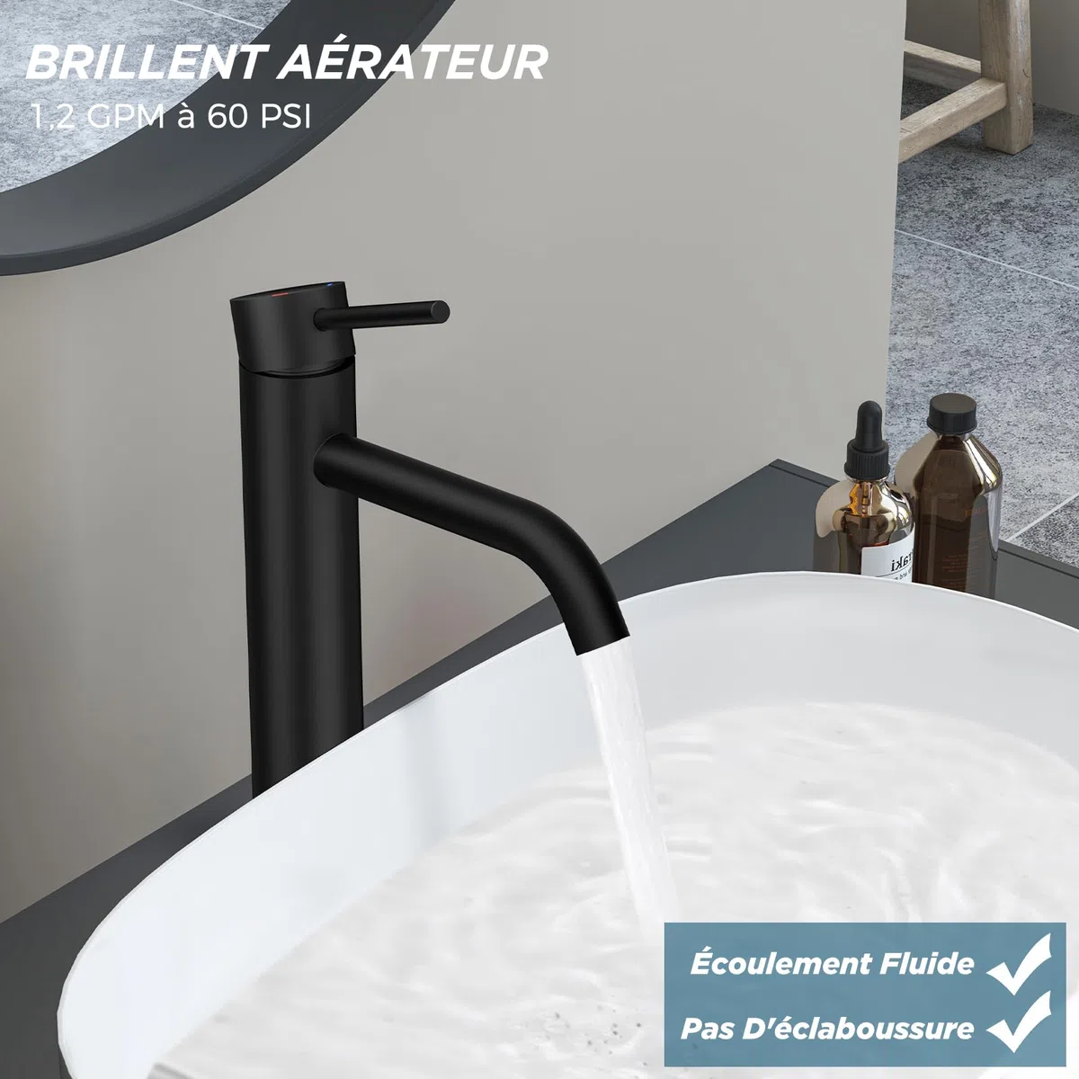 FORIOUS Robinet de Lavabo pour Salle de Bain, Mitigeur Haut en Noir avec Hauteur de Bec de 190 MM, Mitigeur à Levier Unique pour Lavabo dans la Salle de Bain, les Toilettes des Invités