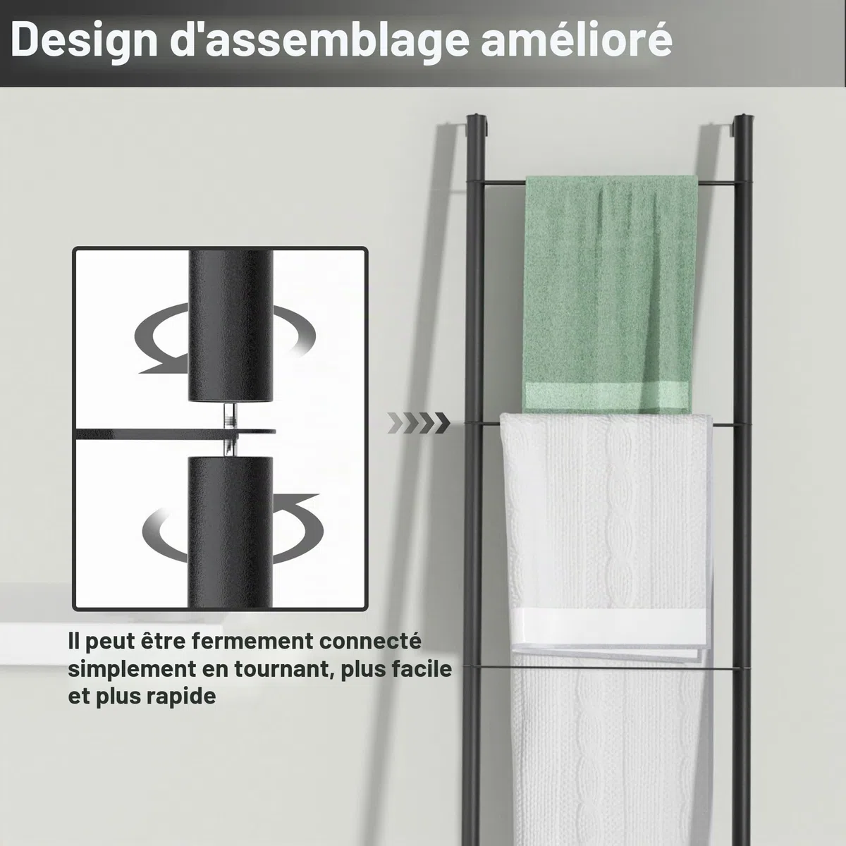 pickpiff Échelle de couverture en métal noir – Porte-serviettes mural sur pied pour salle de bain, salon, cuisine, support pour serviettes, couvertures, jetés, quits (4 niveaux, noir)