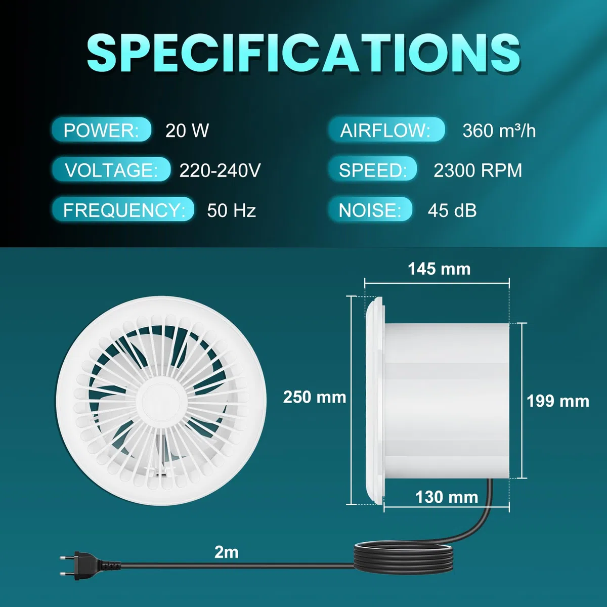 HG Power Extracteur d'Air 200mm Réversible, Télécommande 3 Vitesses Ventilation, Silencieux Ventilateur avec Fonction Mémoire pour Salle de Bain Cuisine Garage Cave